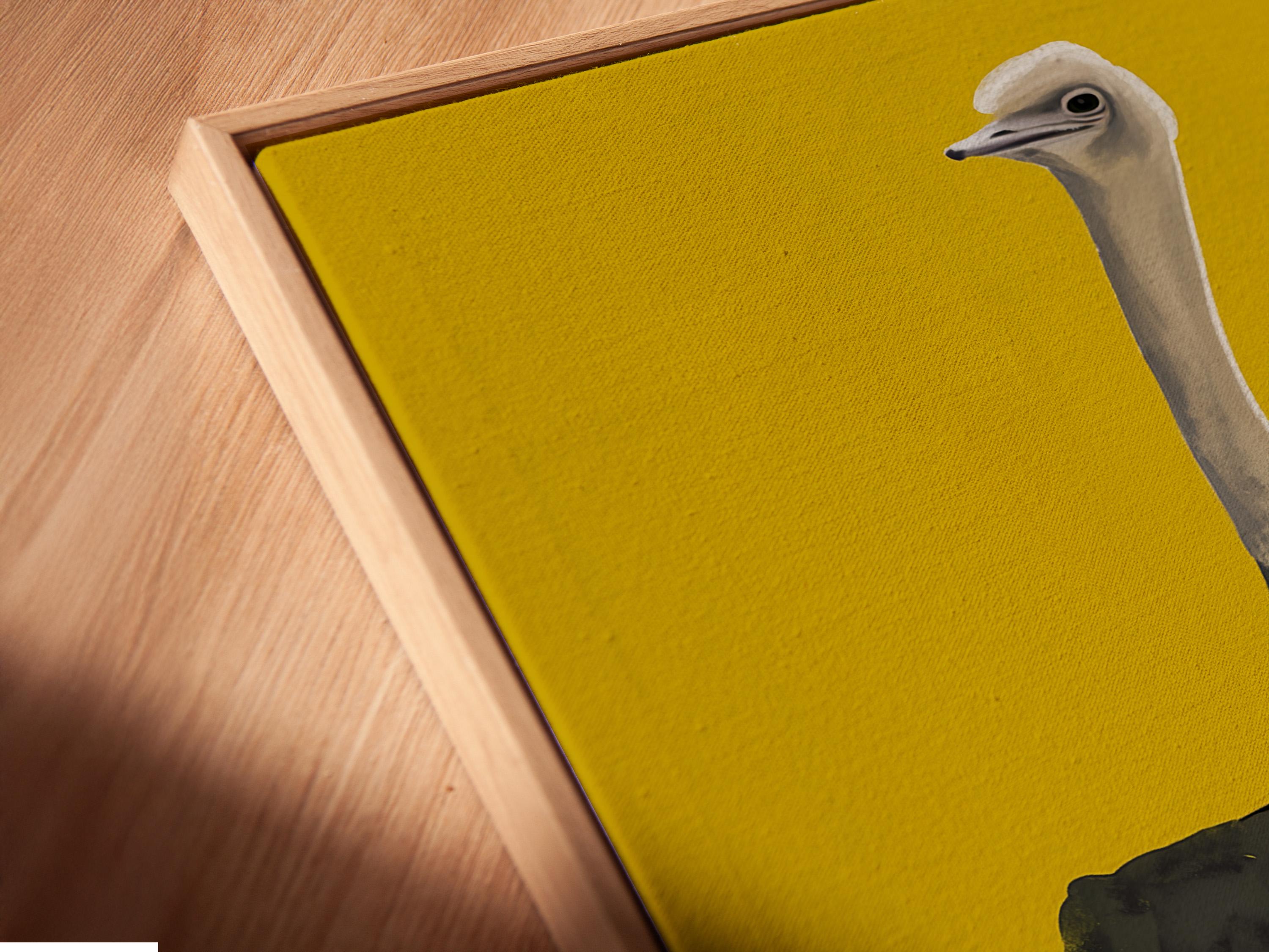 Stylised ostrich portrait in yellow and orange colour blocks with textured dark feathers detail view