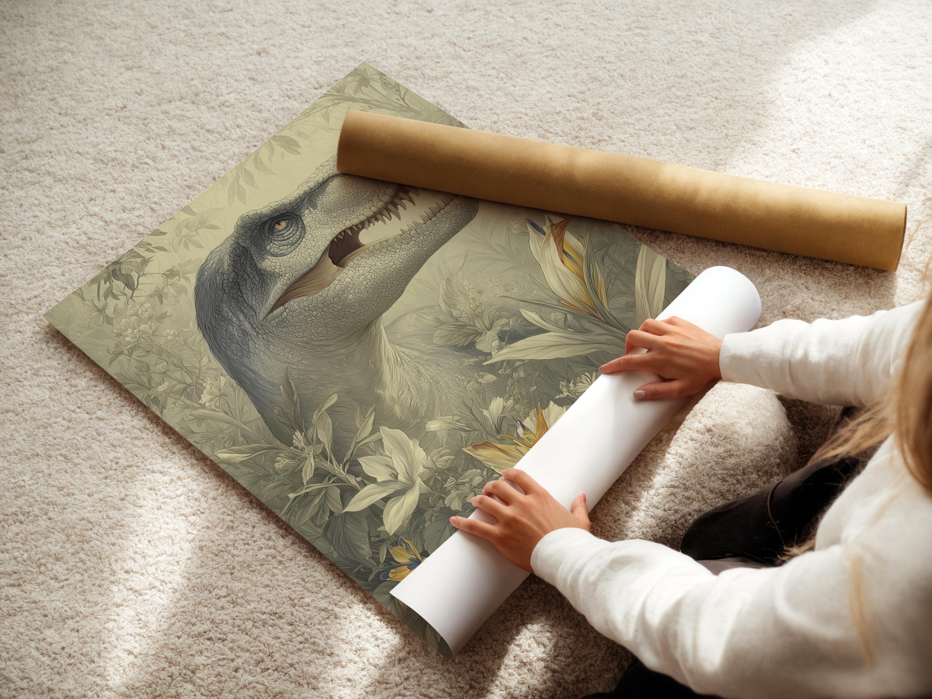 Woman standing in a room next to a framed dinosaur and botanical illustration on the wall