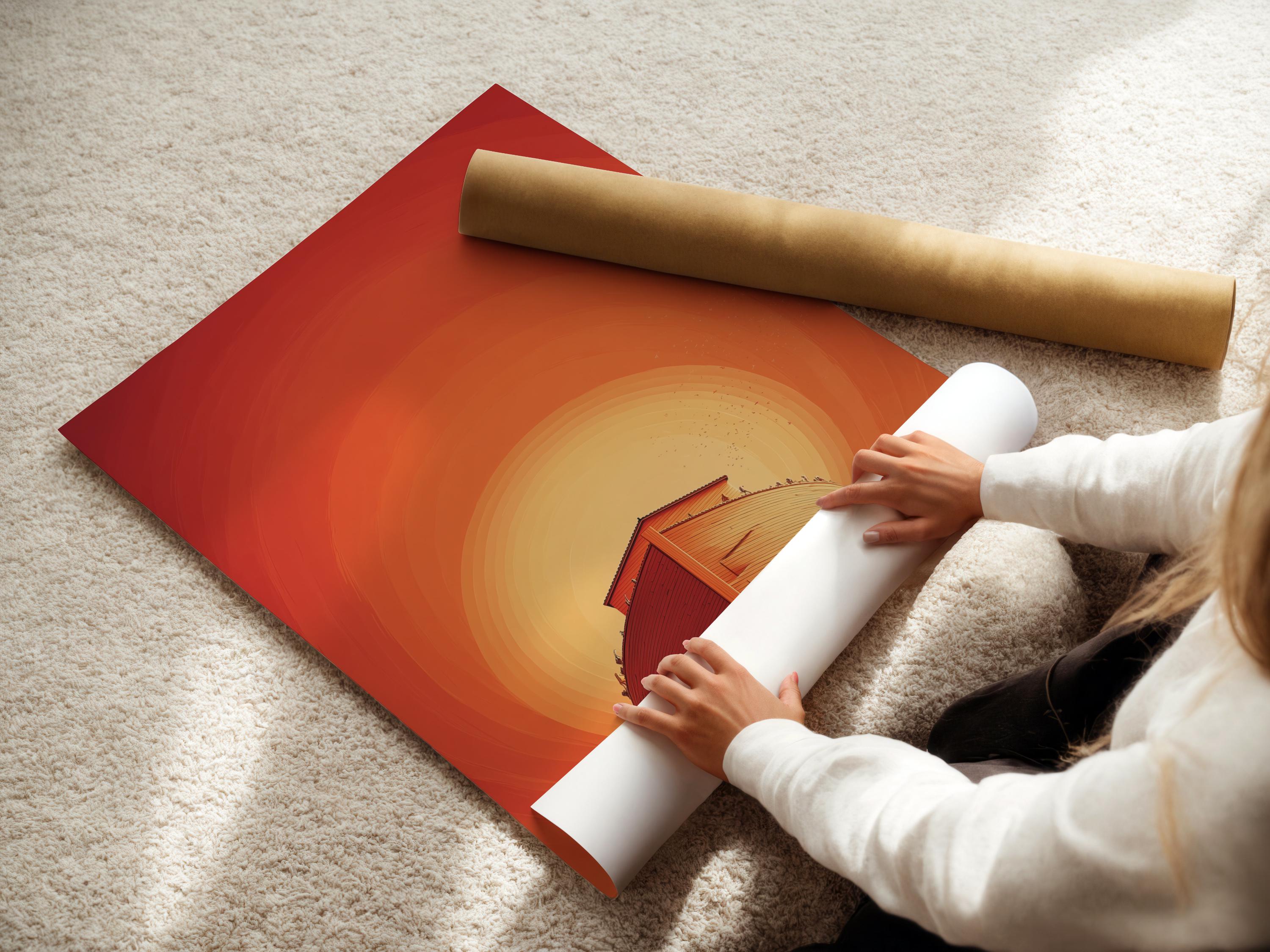 Ark-like vessel in a warm orange sunset scene with a glowing sun halo detail view