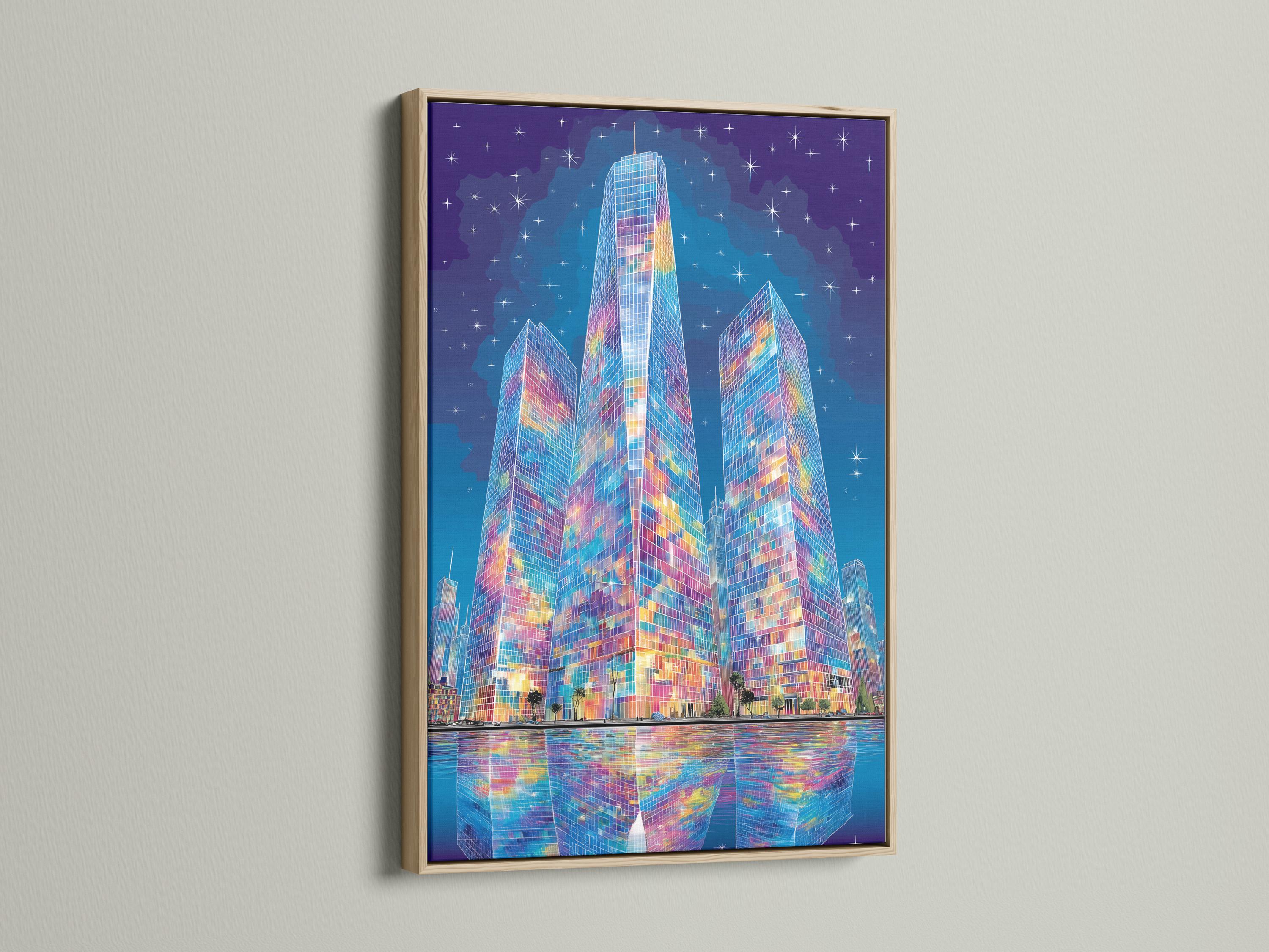 Mockup showing an artwork of a colourful abstract city skyline with skyscrapers and starry sky