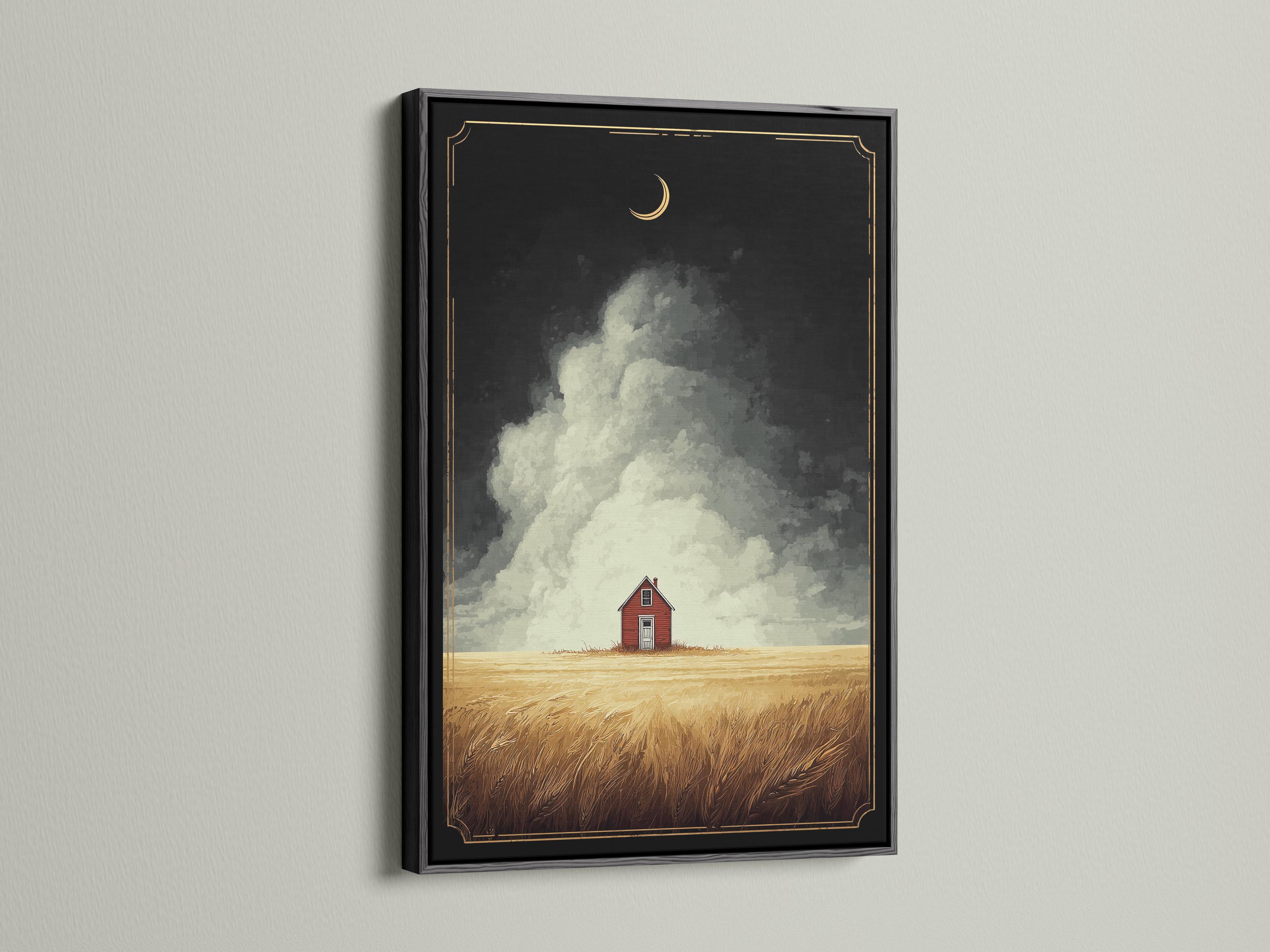 Framed landscape mockup showing a red barn in a golden wheat field under a cloudy dusk sky