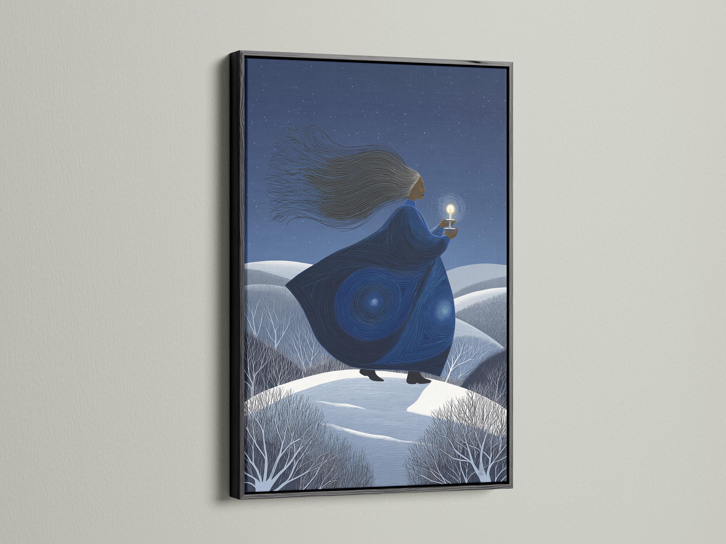 Indigo winter night artwork of a woman holding a glowing lantern above snowy hills and stars detail view