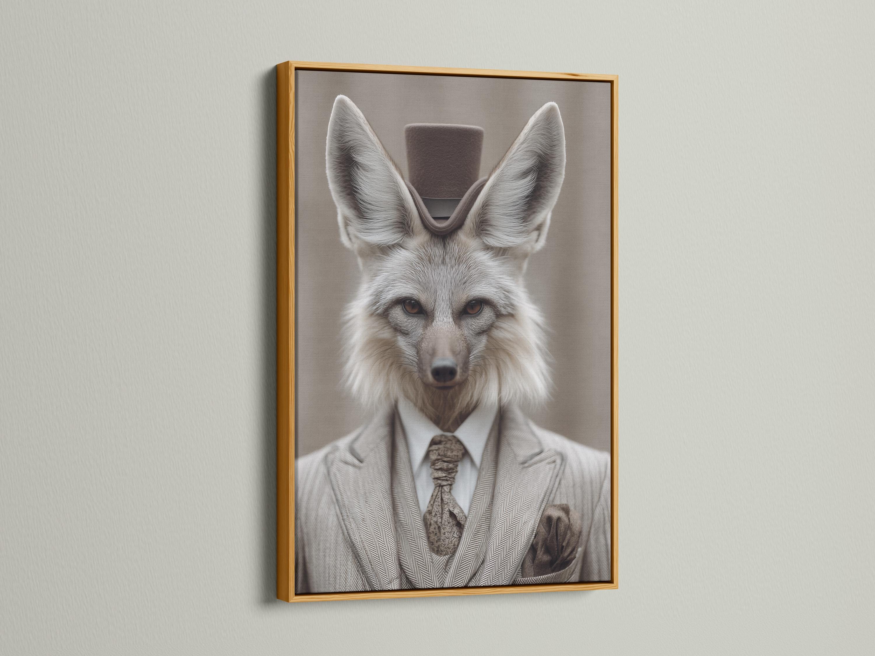 Portrait of a grey fox dressed as a gentleman with upright ears, suit collar and bow tie detail view