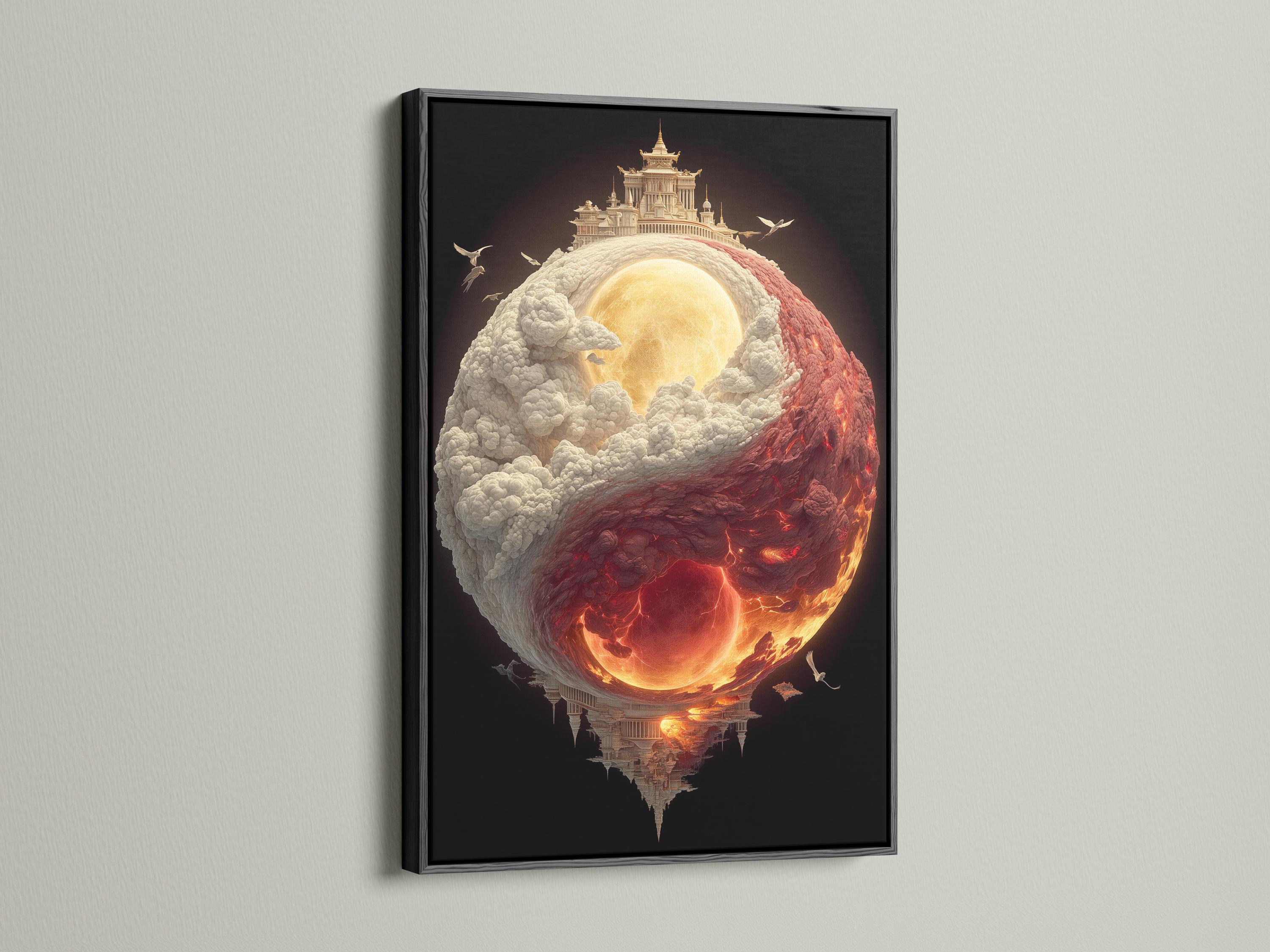 Yin–Yang inspired glowing sphere with cloud textures, fire colours, temple silhouettes and small flying birds detail view