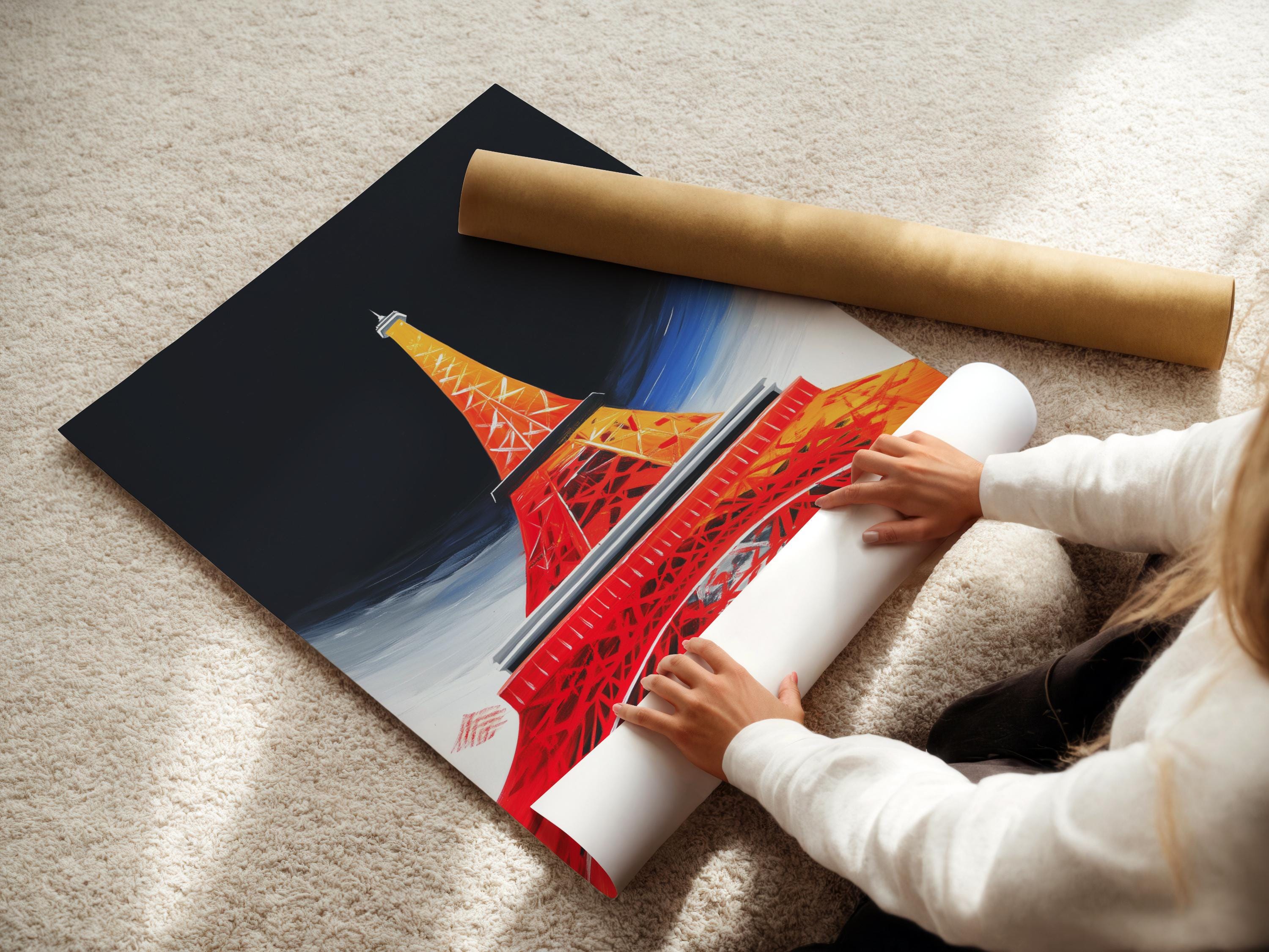 Room mockup showing framed Eiffel Tower artwork in red, orange and blue