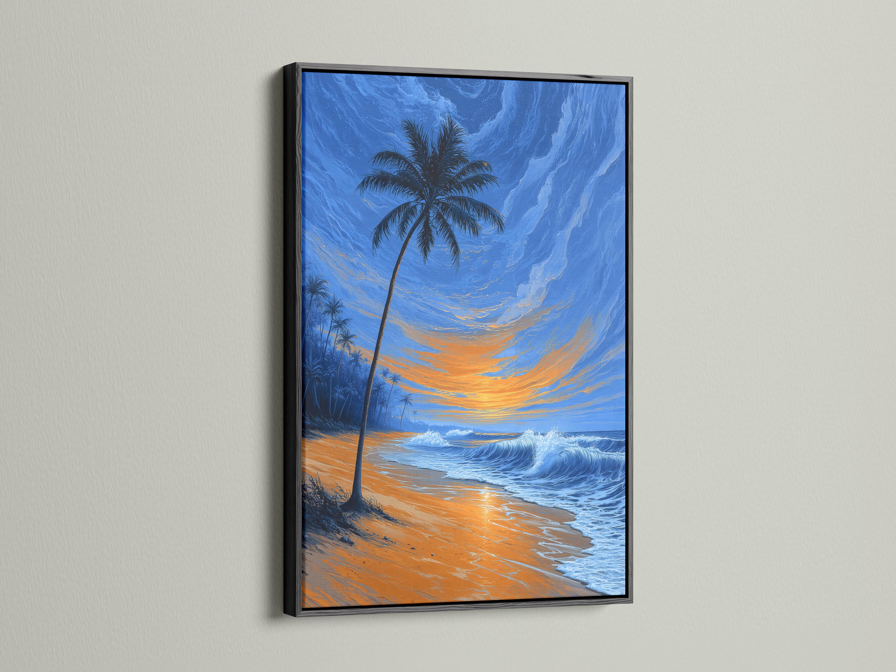 Palm tree tropical beach scene with ocean waves and a glowing sunset sky detail view