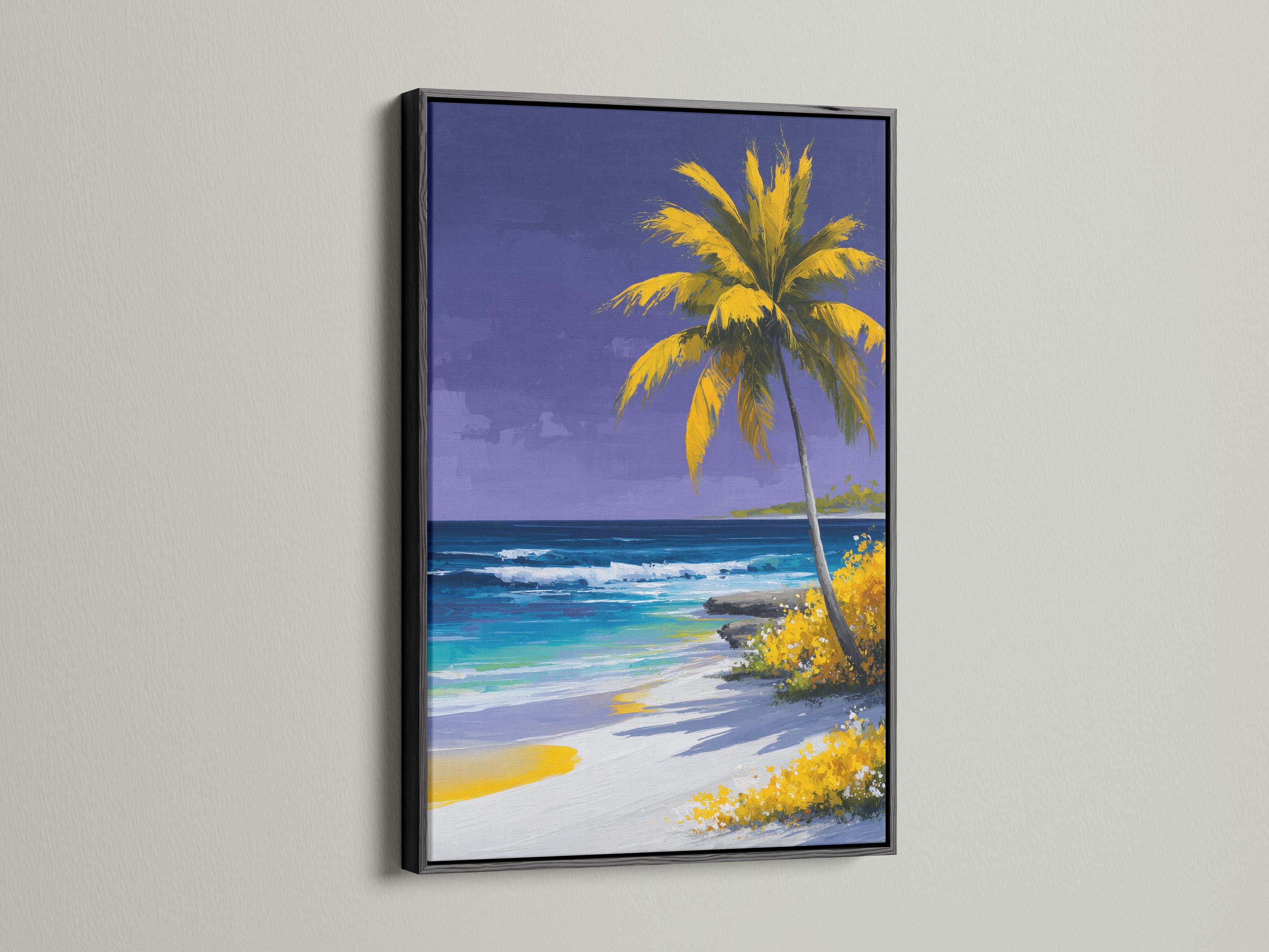 Painterly palm tree on a tropical beach with purple-blue sky and turquoise ocean detail view