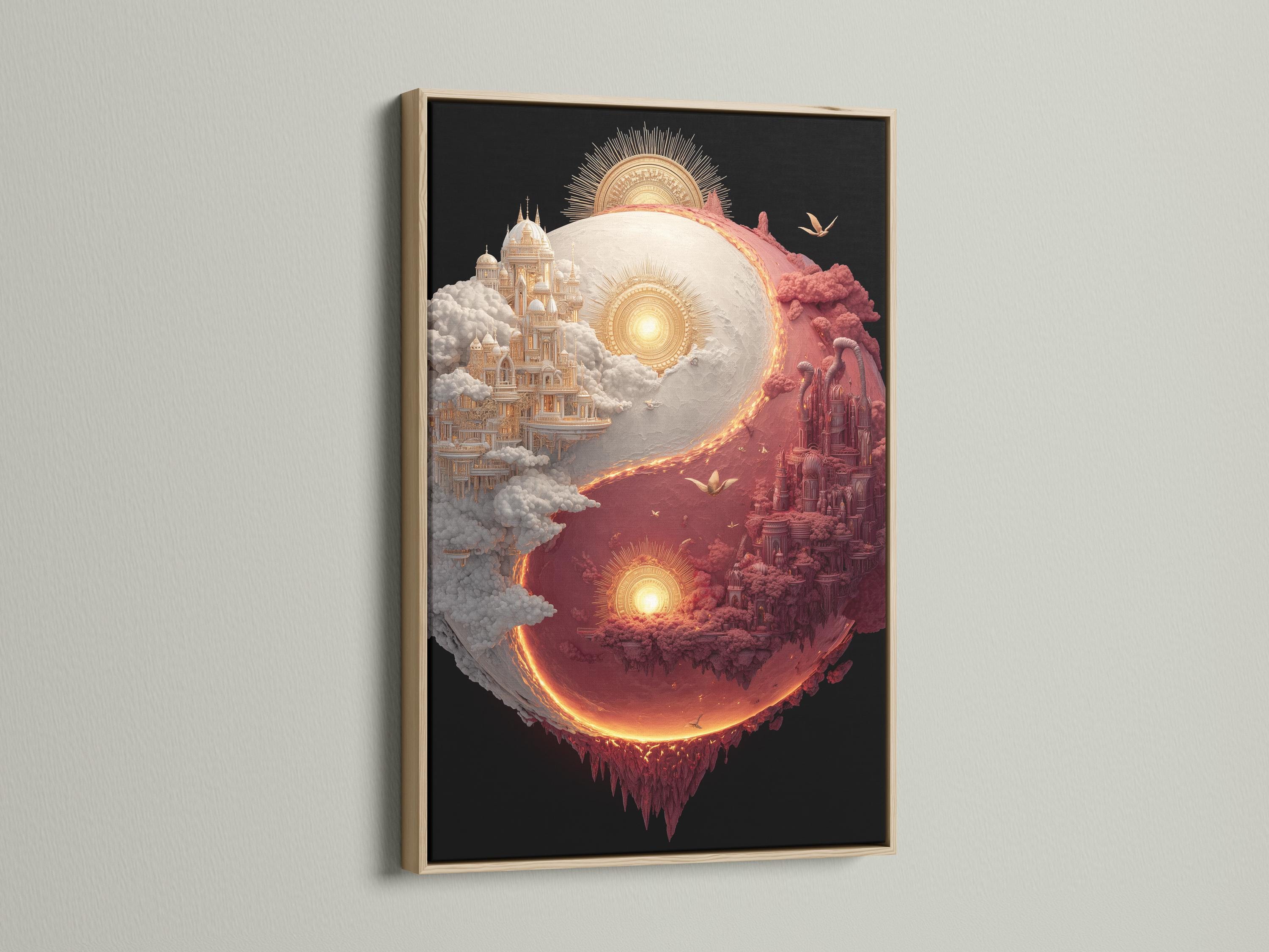Yin-yang celestial cityscape with coral and ivory clouds, glowing orbs, and birds in flight detail view
