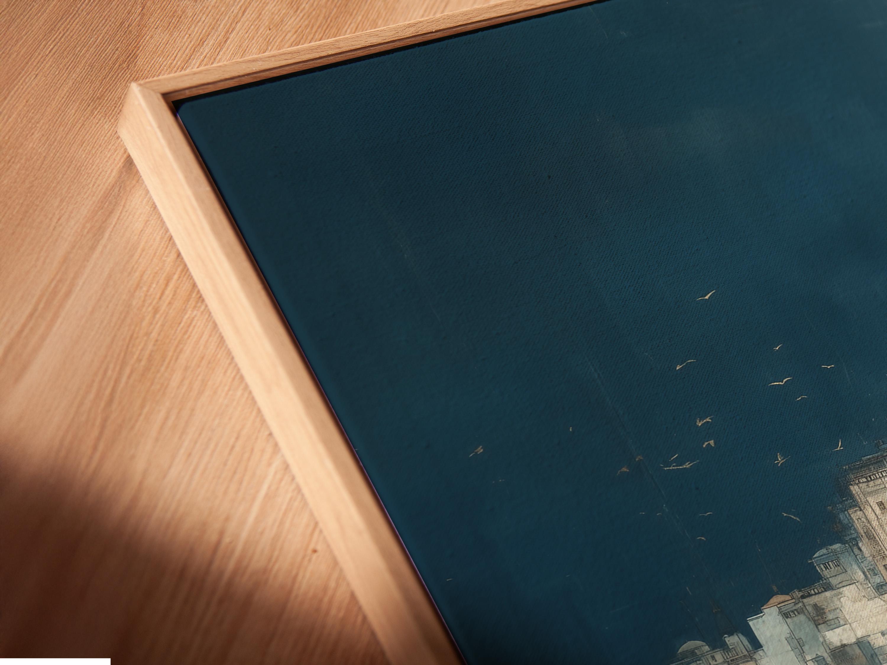 Room mockup with a framed blue cityscape mosque artwork on a wall