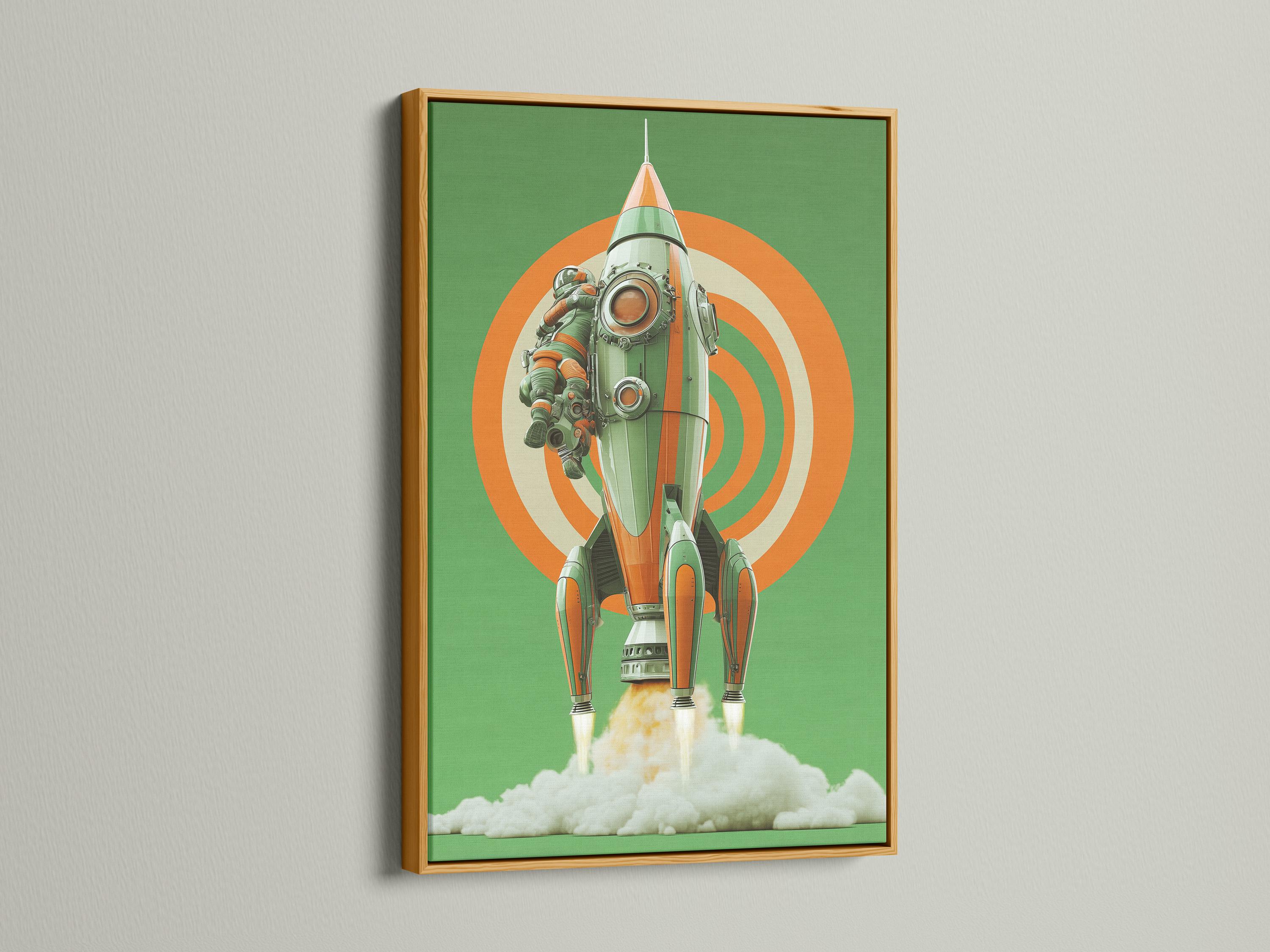 Retro space rocket with astronaut, mint green background and orange concentric rays detail view