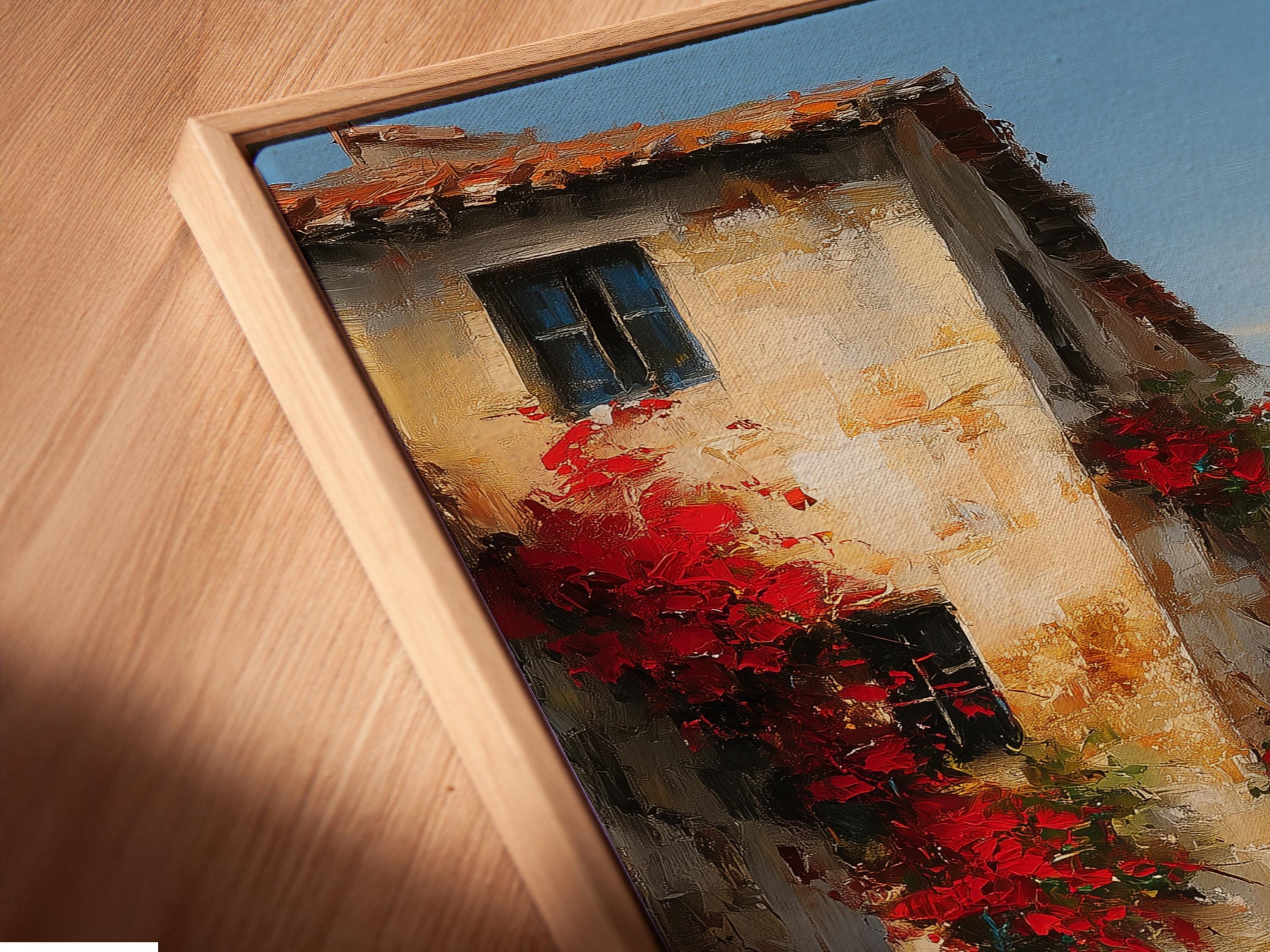 Painterly old-town street scene with red flowers, warm lantern light, and a small café table with chairs detail view