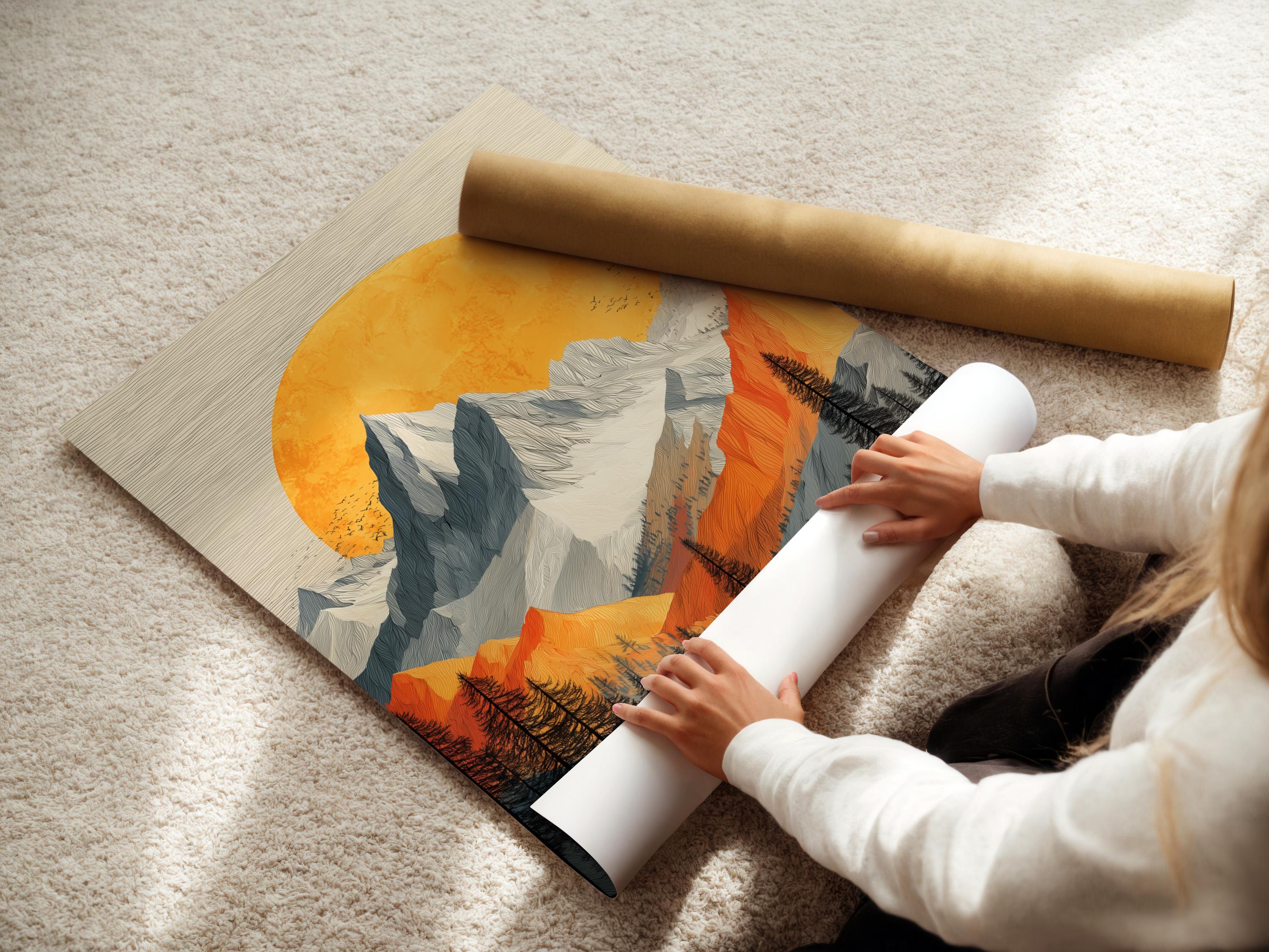 Stylised alpine mountain landscape with a large orange sun and pine tree silhouettes detail view