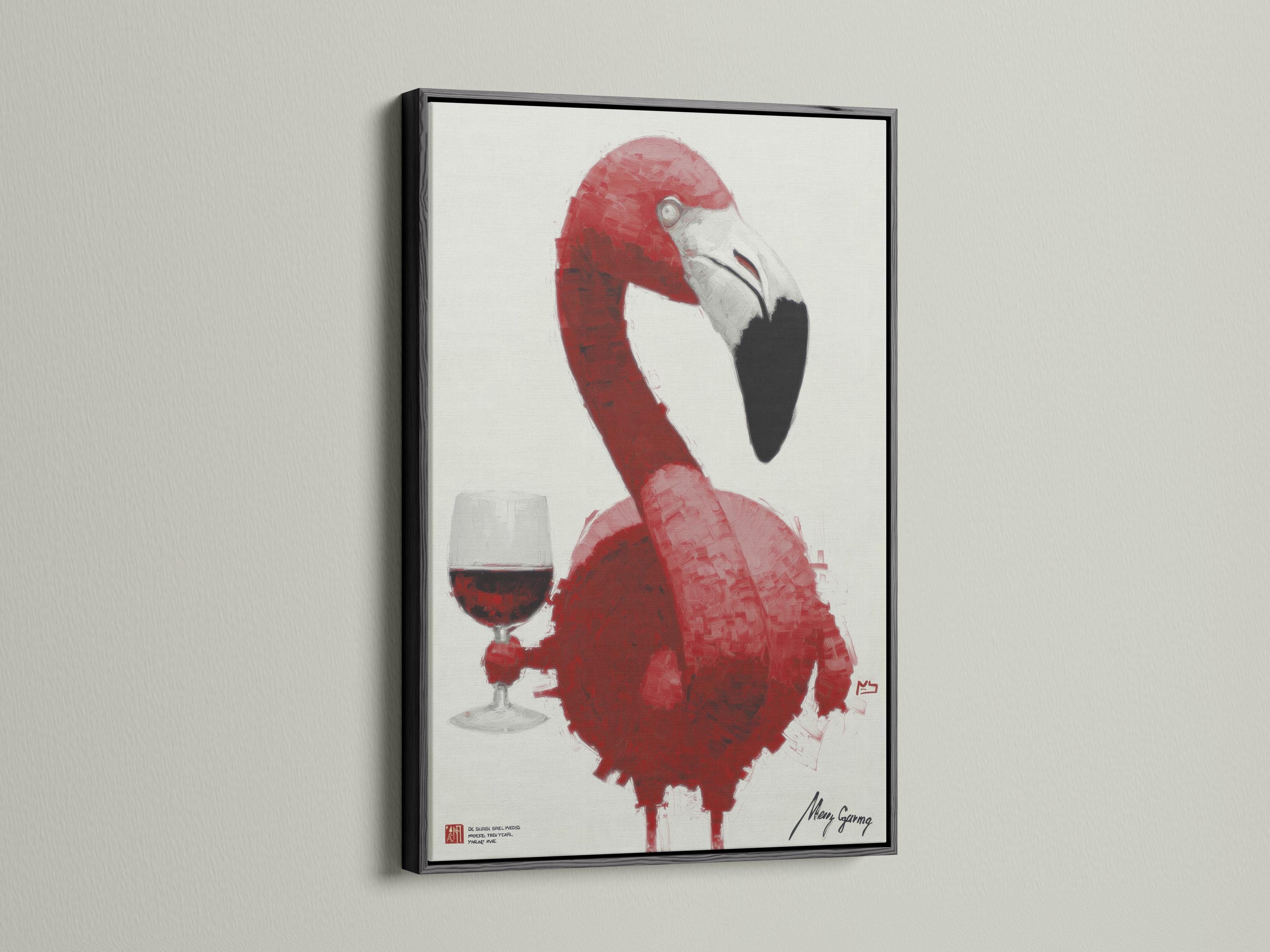 Framed artwork mockup of a pink flamingo with a wine glass