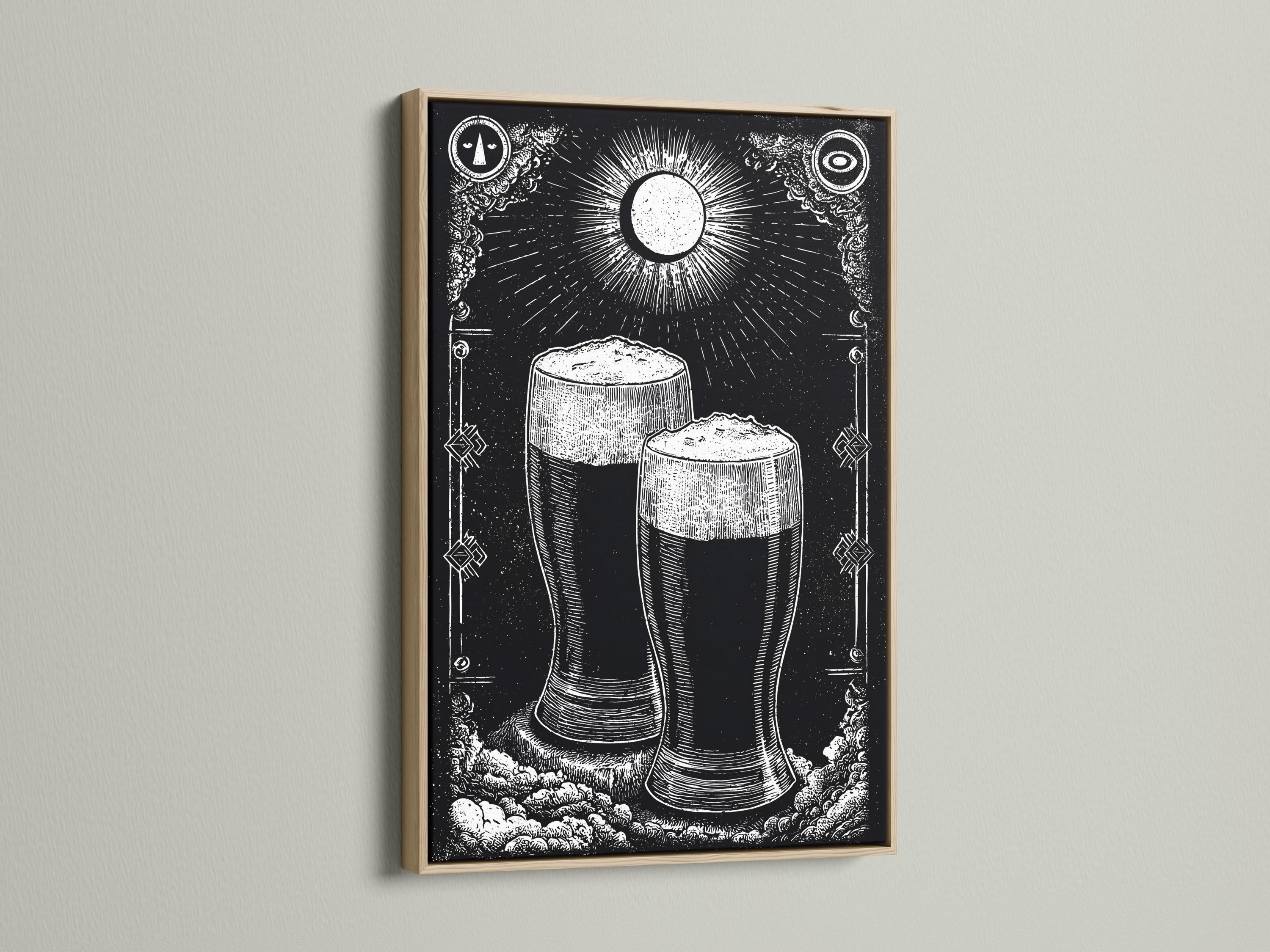 Person holding a framed black-and-white beer mug illustration in a workshop-style bar setting