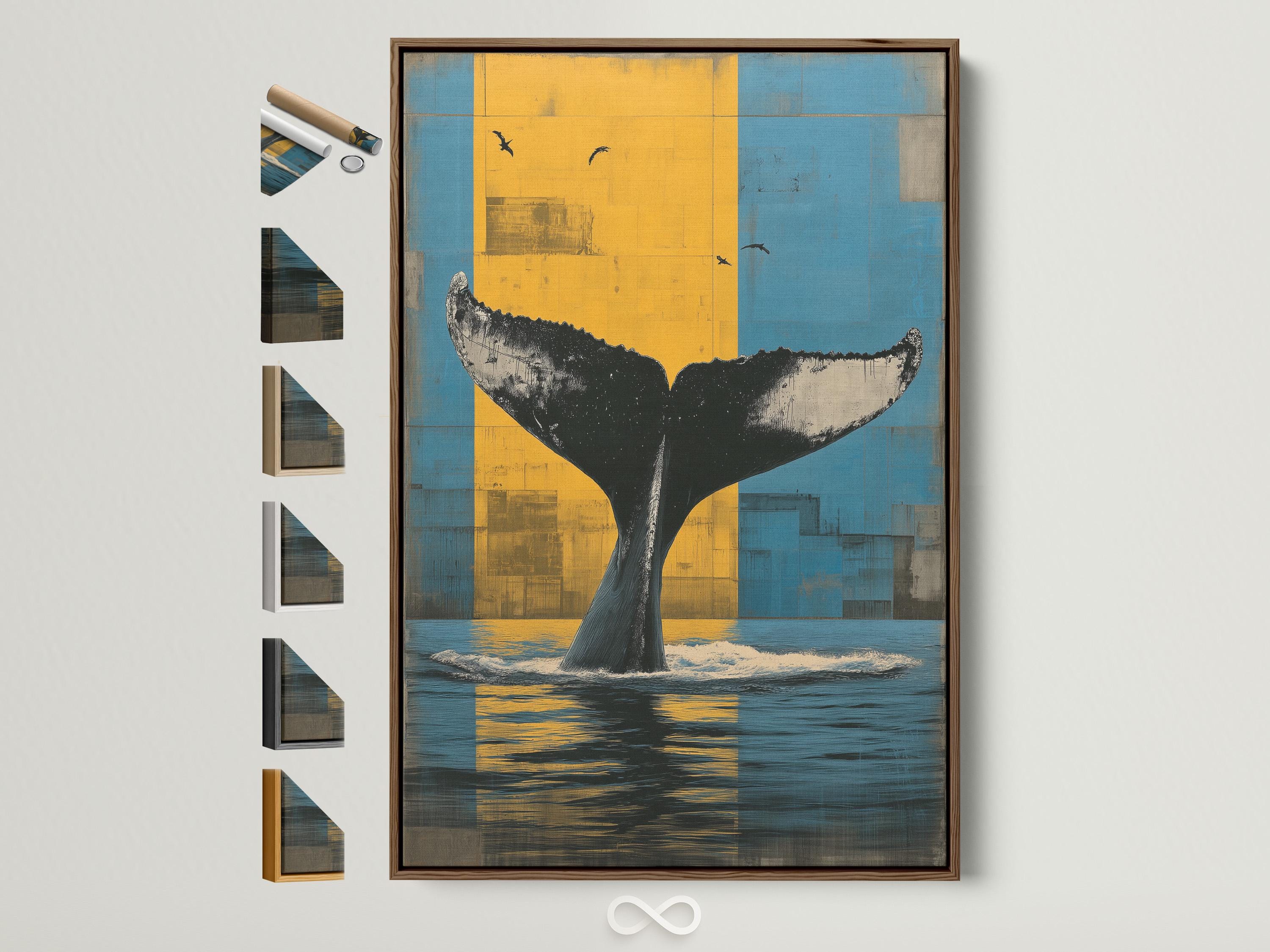 Room mockup showing framed whale tail ocean artwork above a sofa by windows
