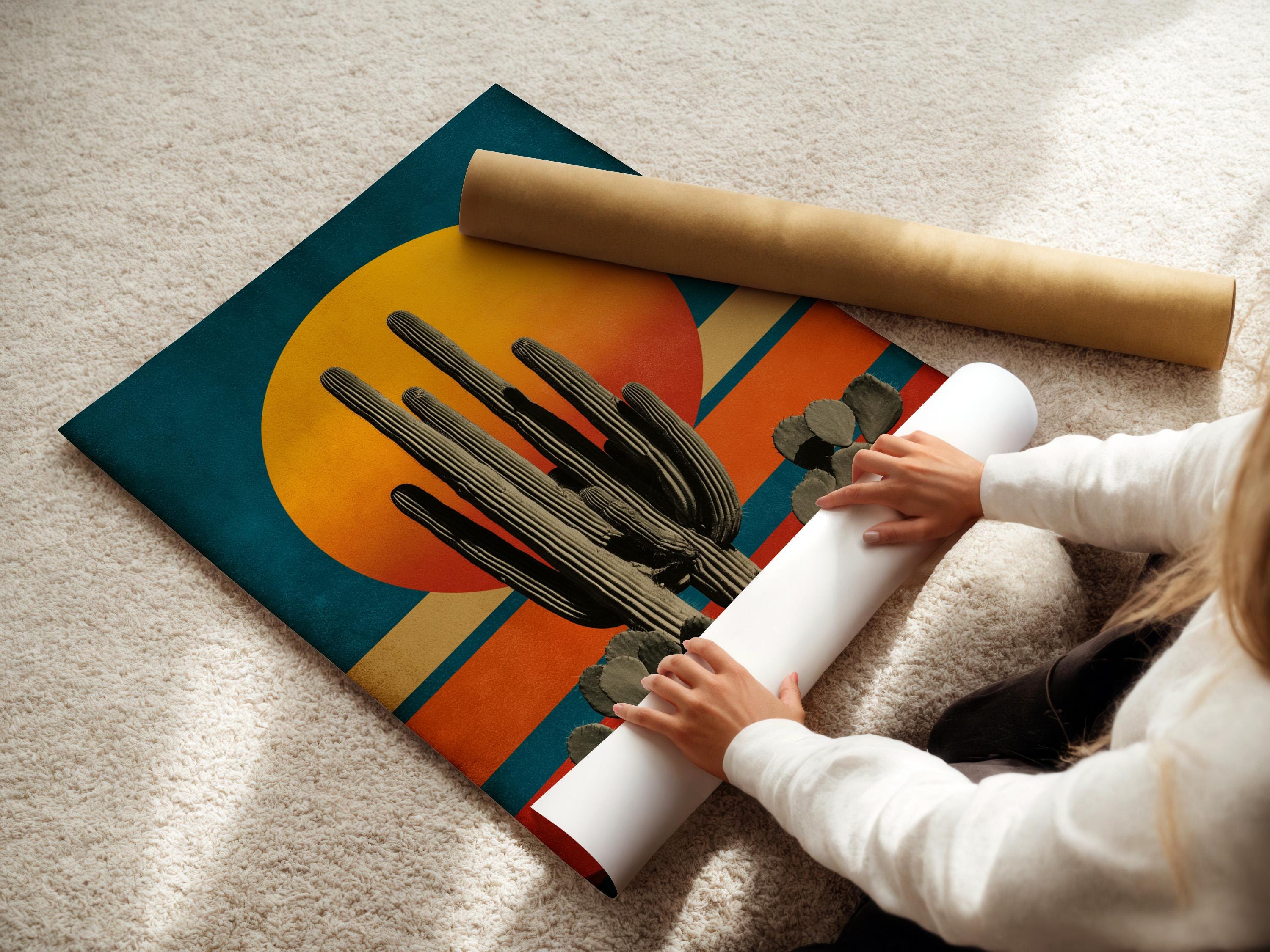 Illustration of a tall cactus with rounded pads beneath a large golden sun over teal and terracotta stripes detail view