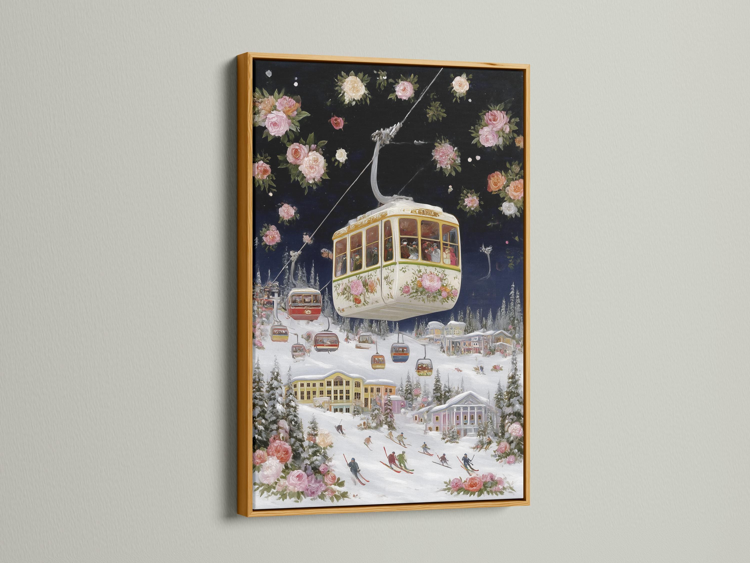 Vintage cable car over a snowy ski village with pink flowers in a winter landscape detail view