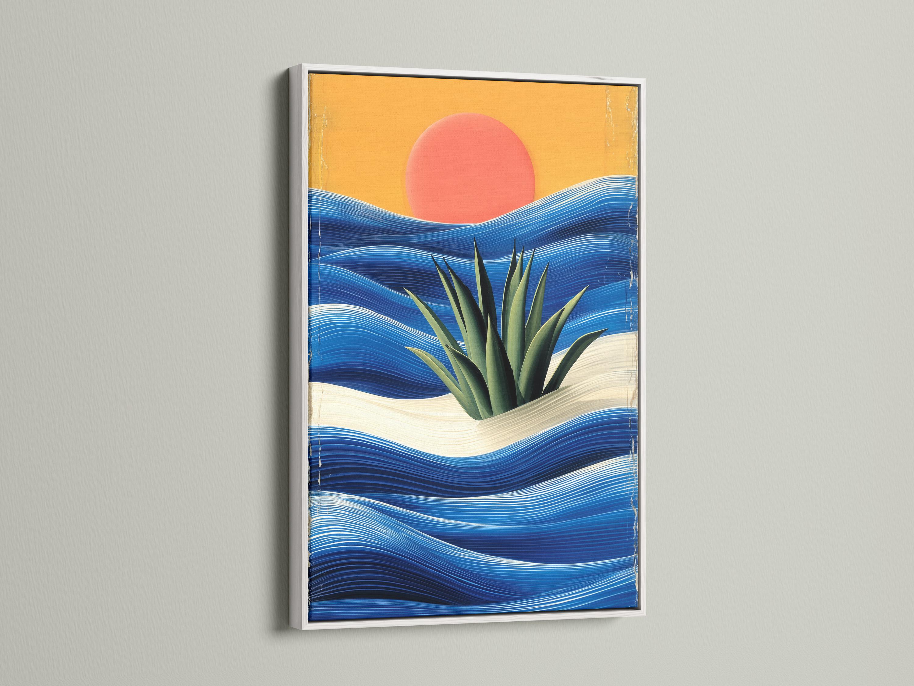 Sunset over stylised ocean waves with spiky green plants and pale sandy foreground detail view