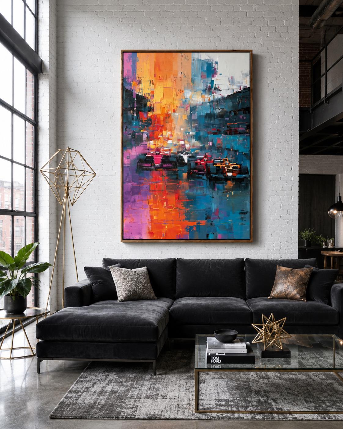 Room mockup with a large framed abstract cityscape artwork above a seating area