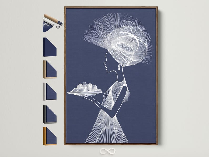 Minimalist white line portrait of a woman in profile on a navy blue background with radiating halo strokes