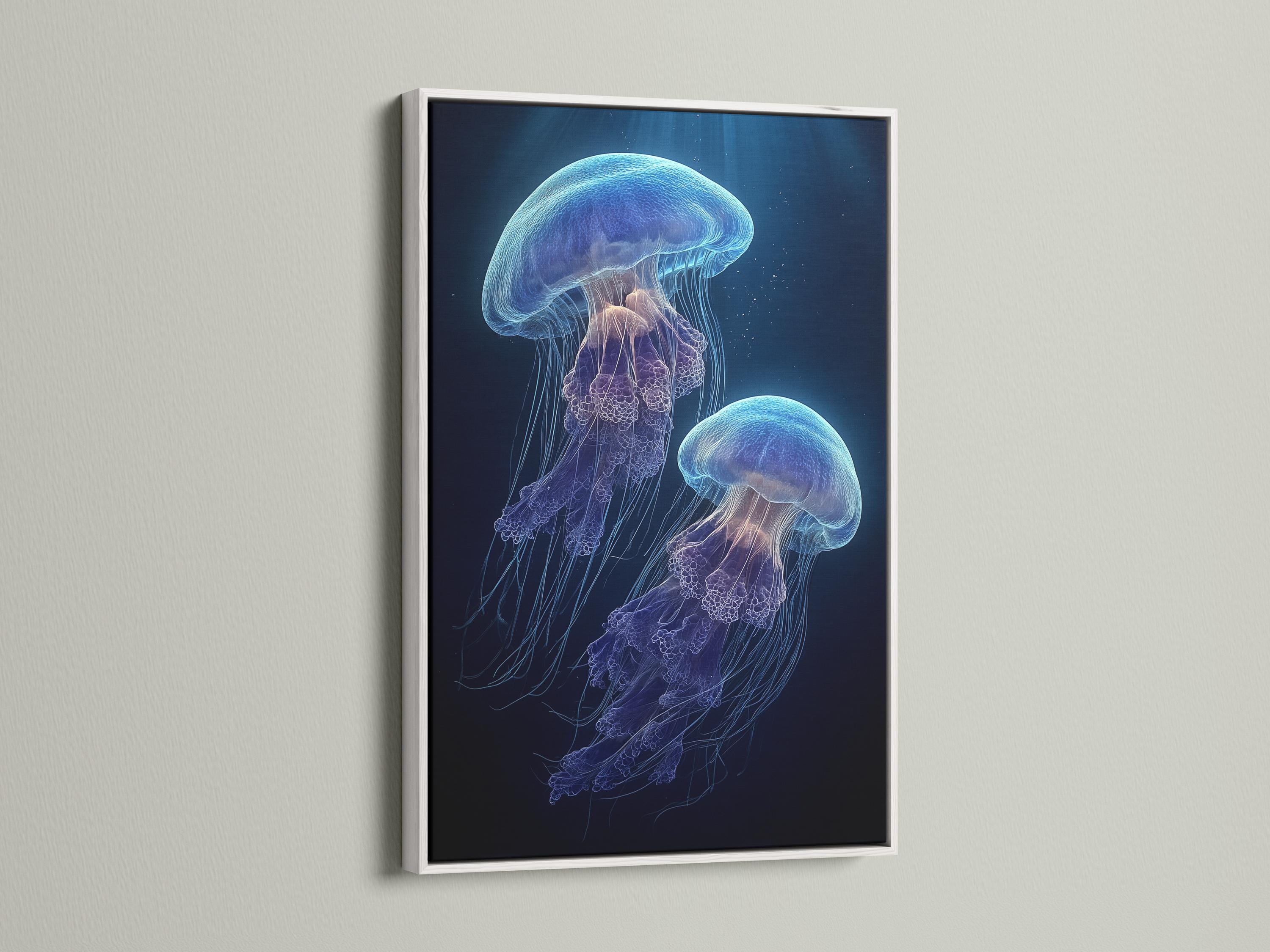 Room mockup showing a framed jellyfish artwork on a wall