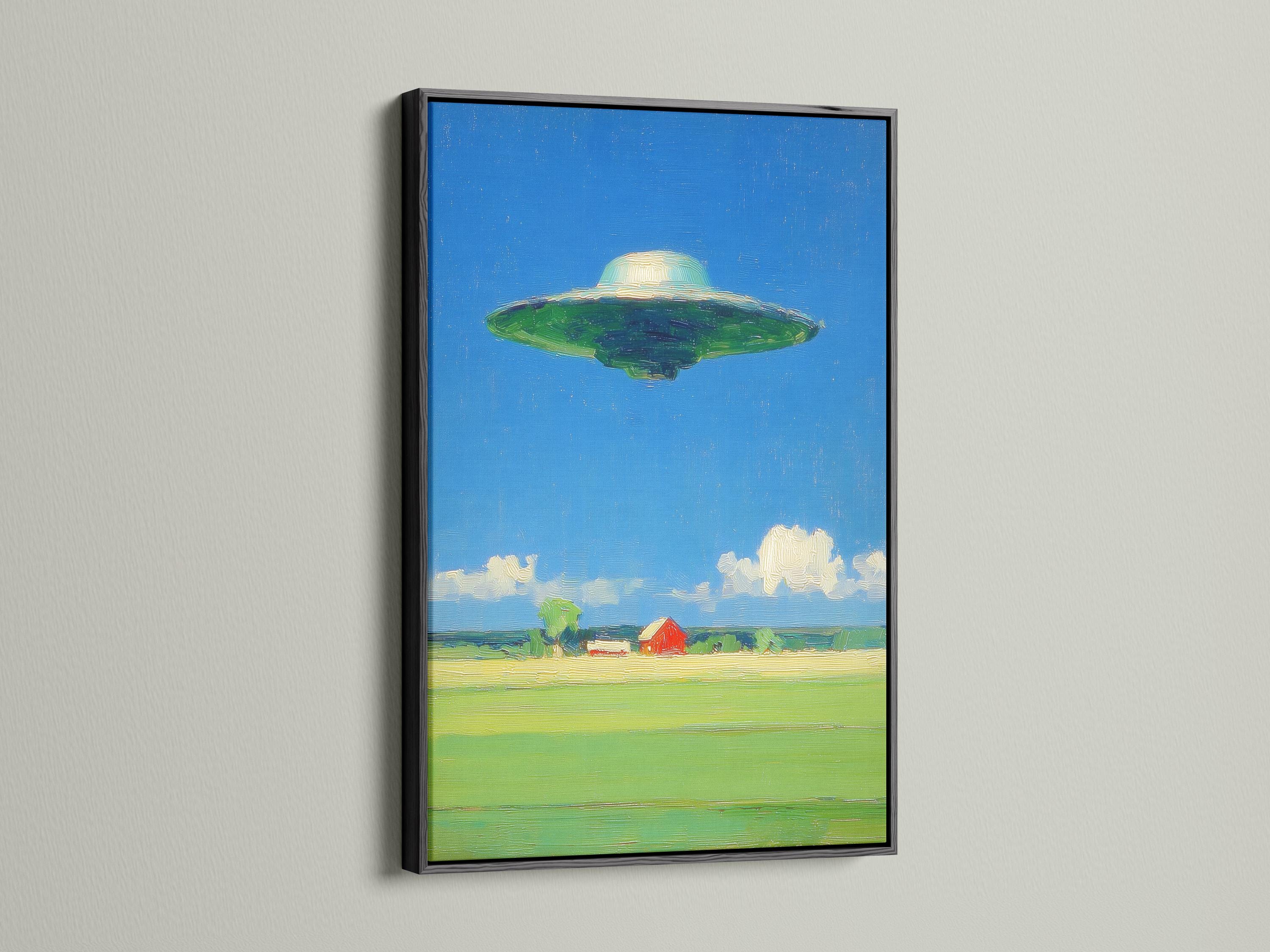 A retro sci‑fi landscape with a green flying saucer above a lime-green field and a red barn detail view