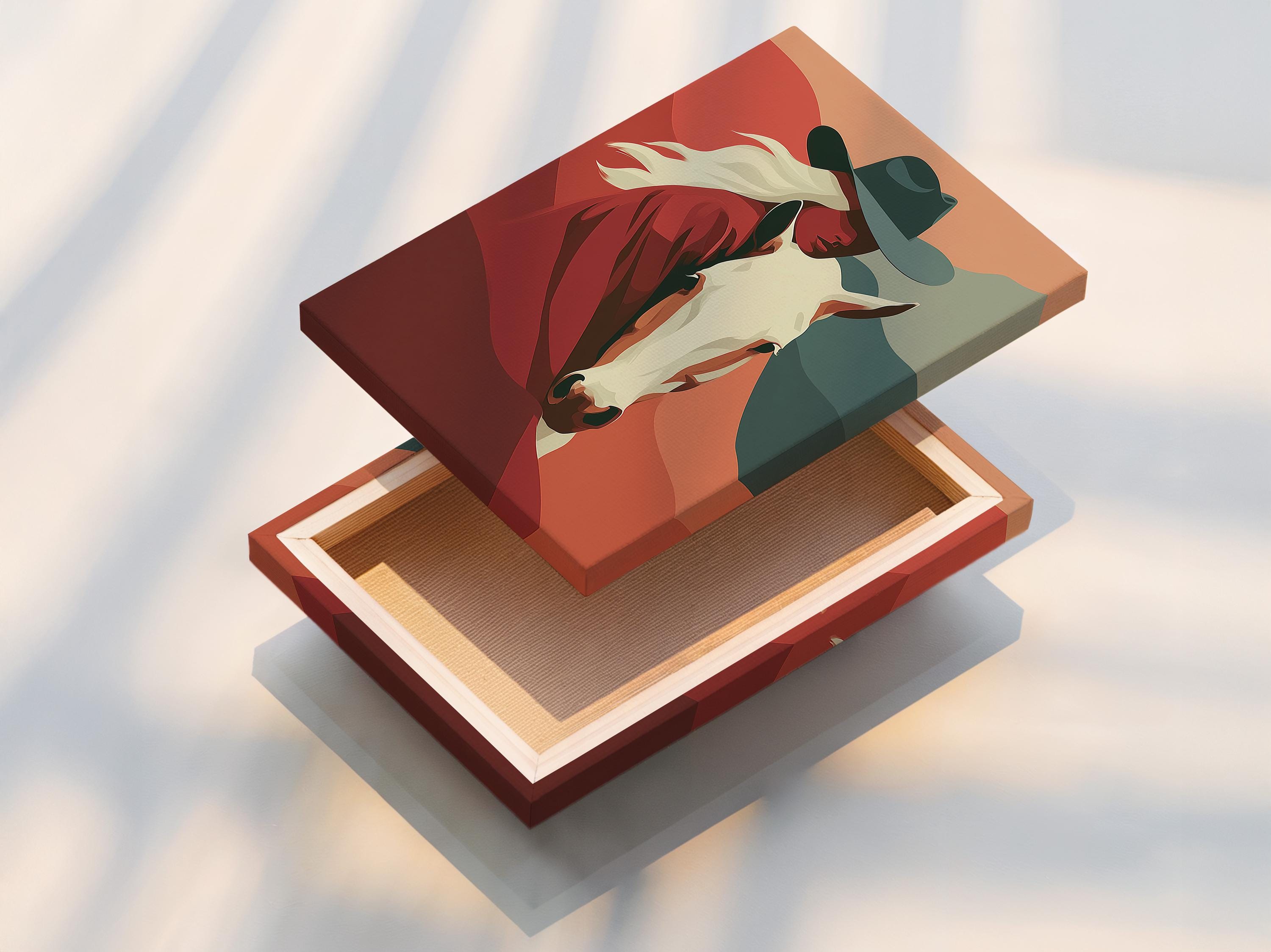 Stylised cowgirl and horse portrait with terracotta and red tones and muted teal accents detail view