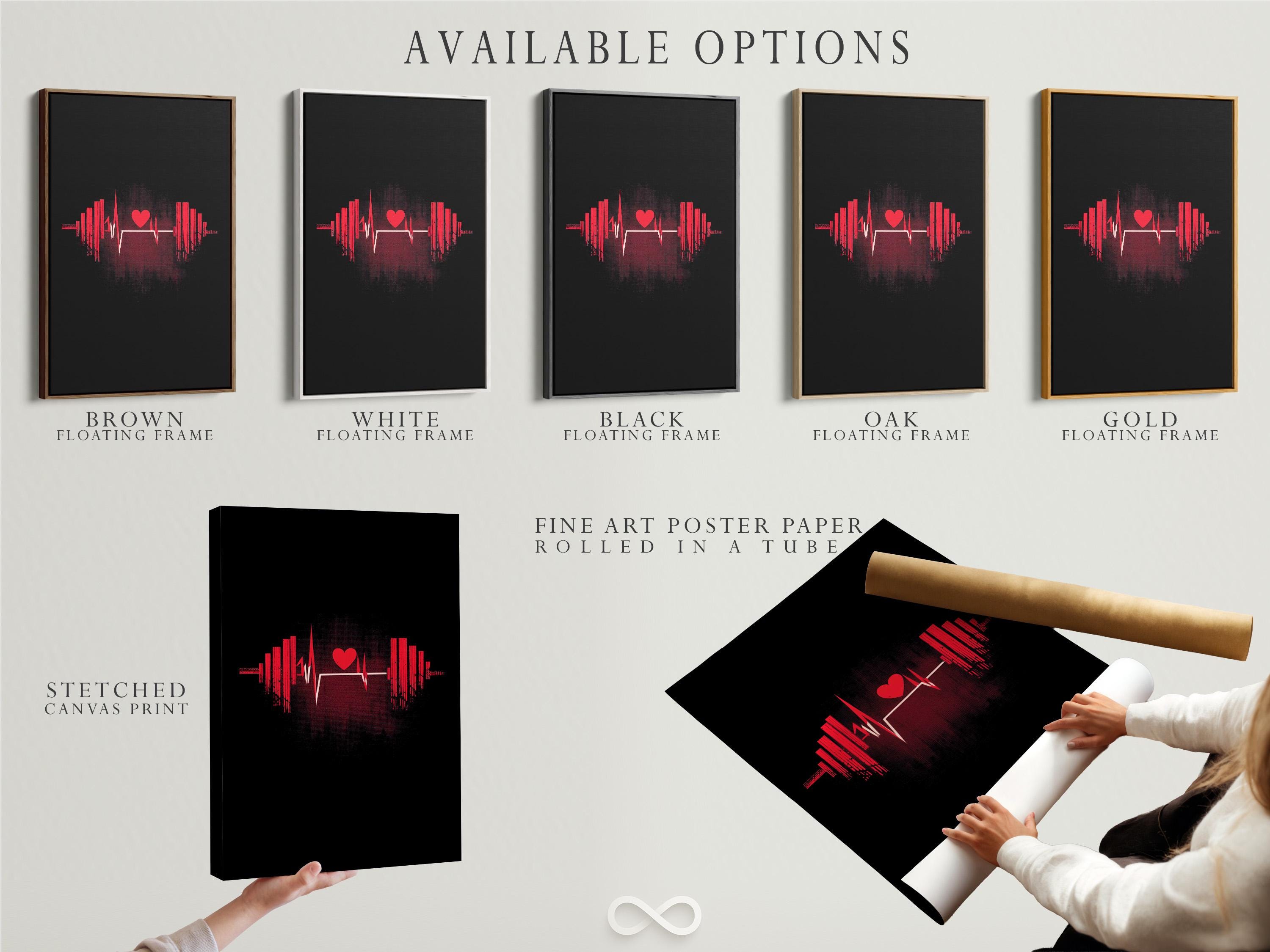 Black fitness graphic with a red heart icon, pulse waveform line and symmetrical vertical bars detail view