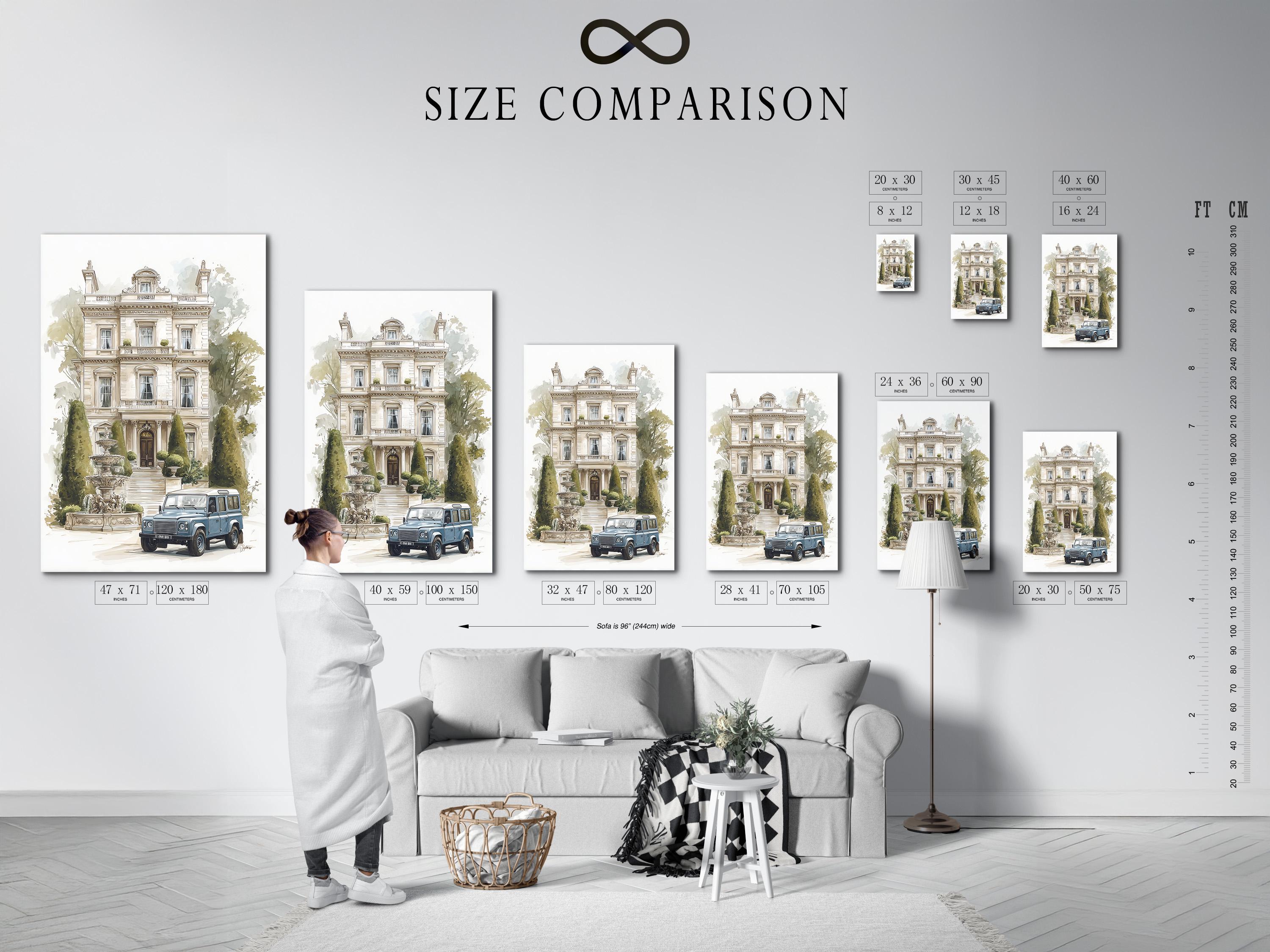 Room mockup showing a framed manor house artwork with trees and a blue vintage car