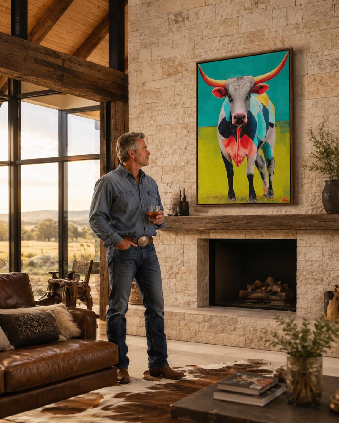 Room mockup with a framed longhorn steer artwork on a wall above a green upholstered sofa and dining table