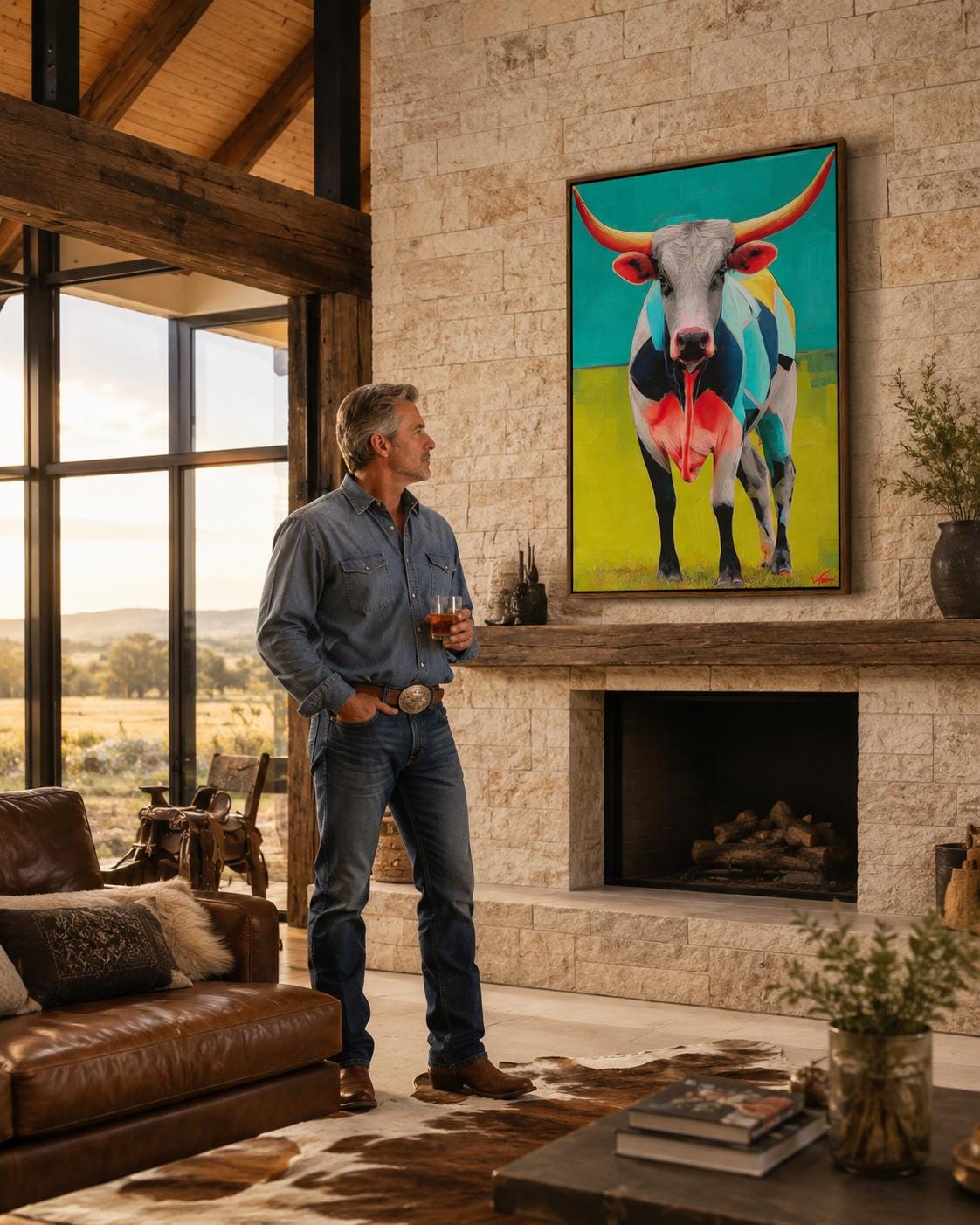 Room mockup with a framed longhorn steer artwork on a wall above a green upholstered sofa and dining table