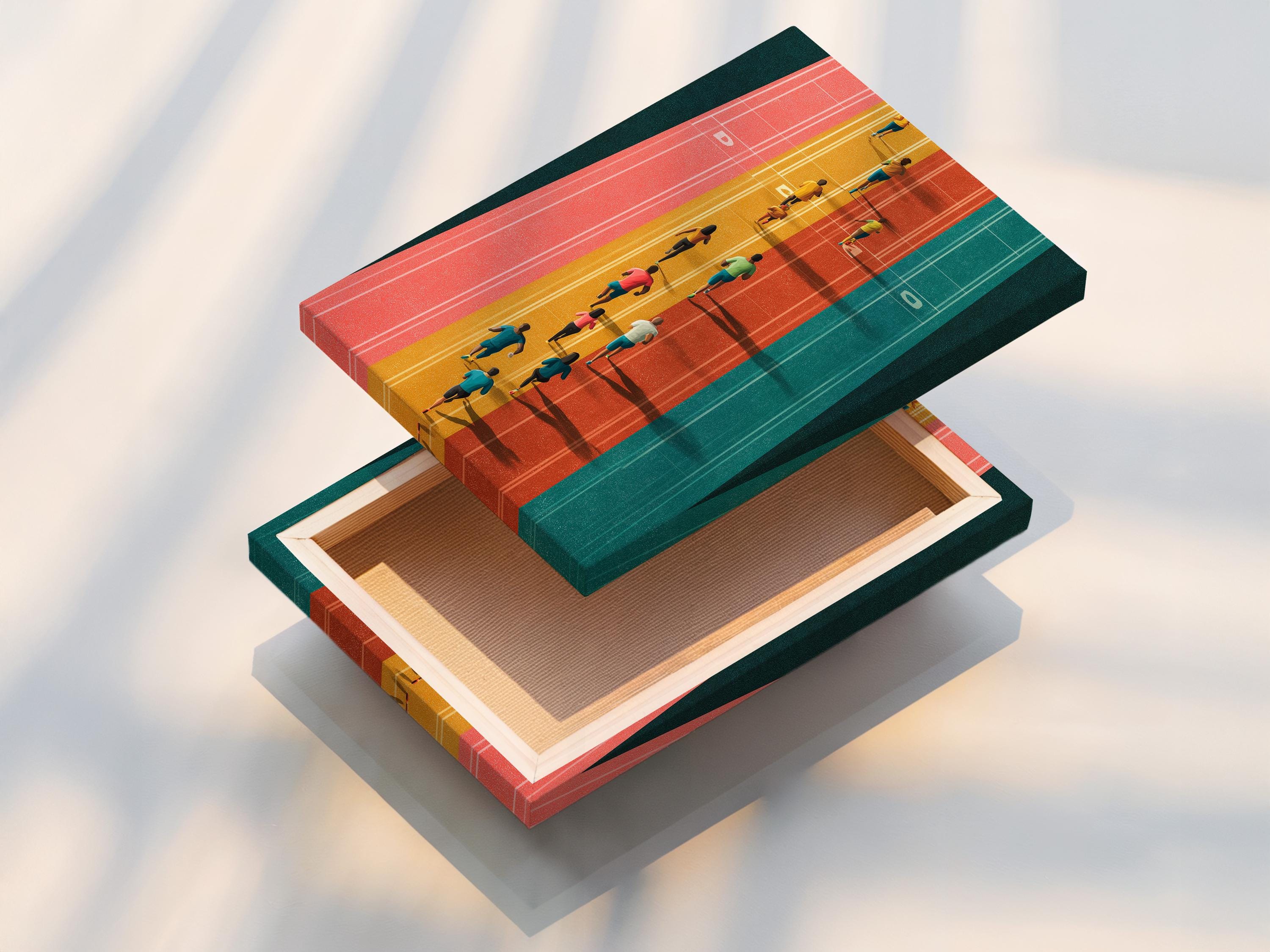 Room mockup showing framed aerial running track artwork with runners