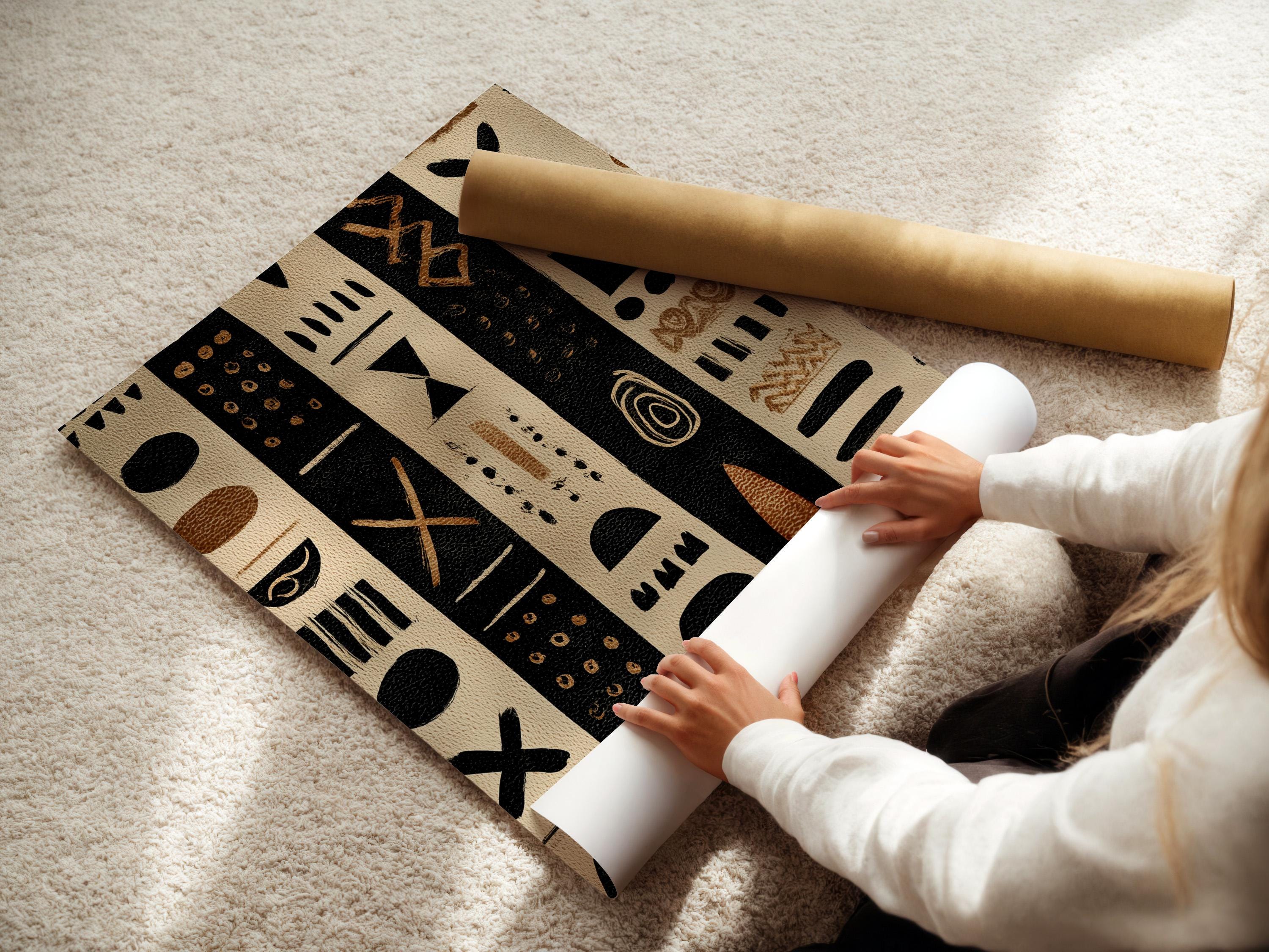 Beige and black geometric tribal-style artwork with vertical panels and dotted symbols detail view