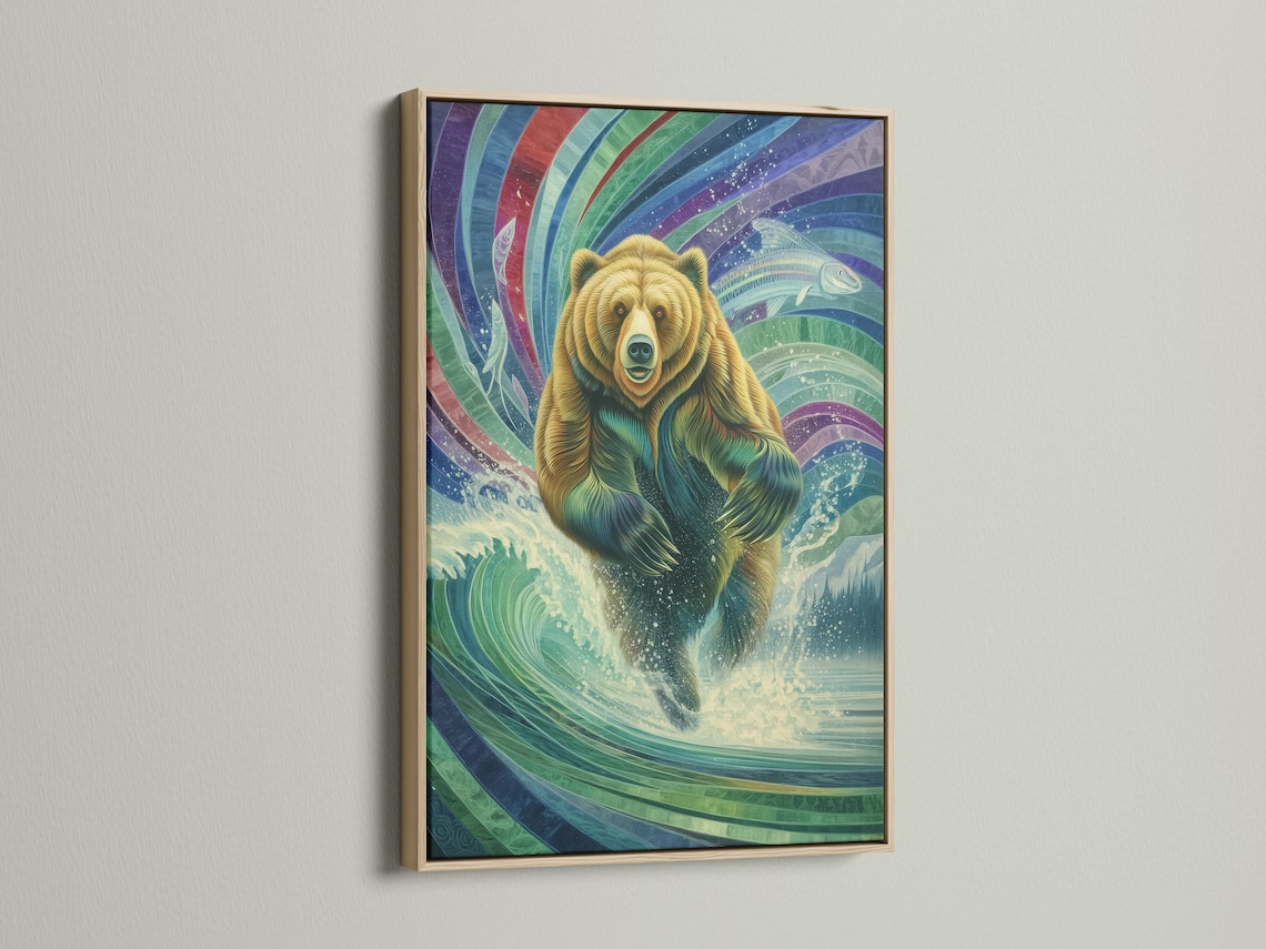 Framed artwork mockup showing a grizzly bear within colourful wave patterns and a fish