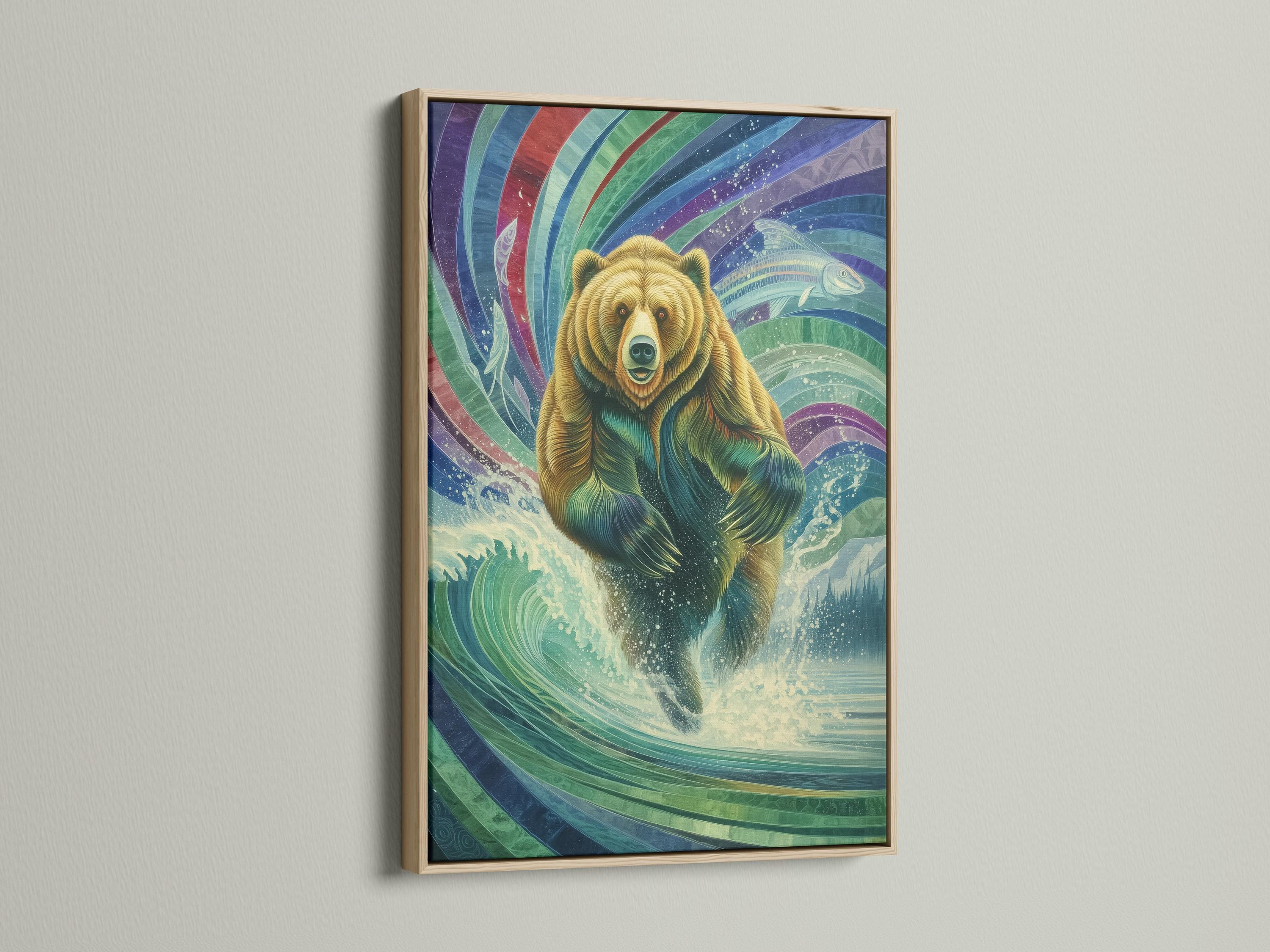 Framed artwork mockup showing a grizzly bear within colourful wave patterns and a fish