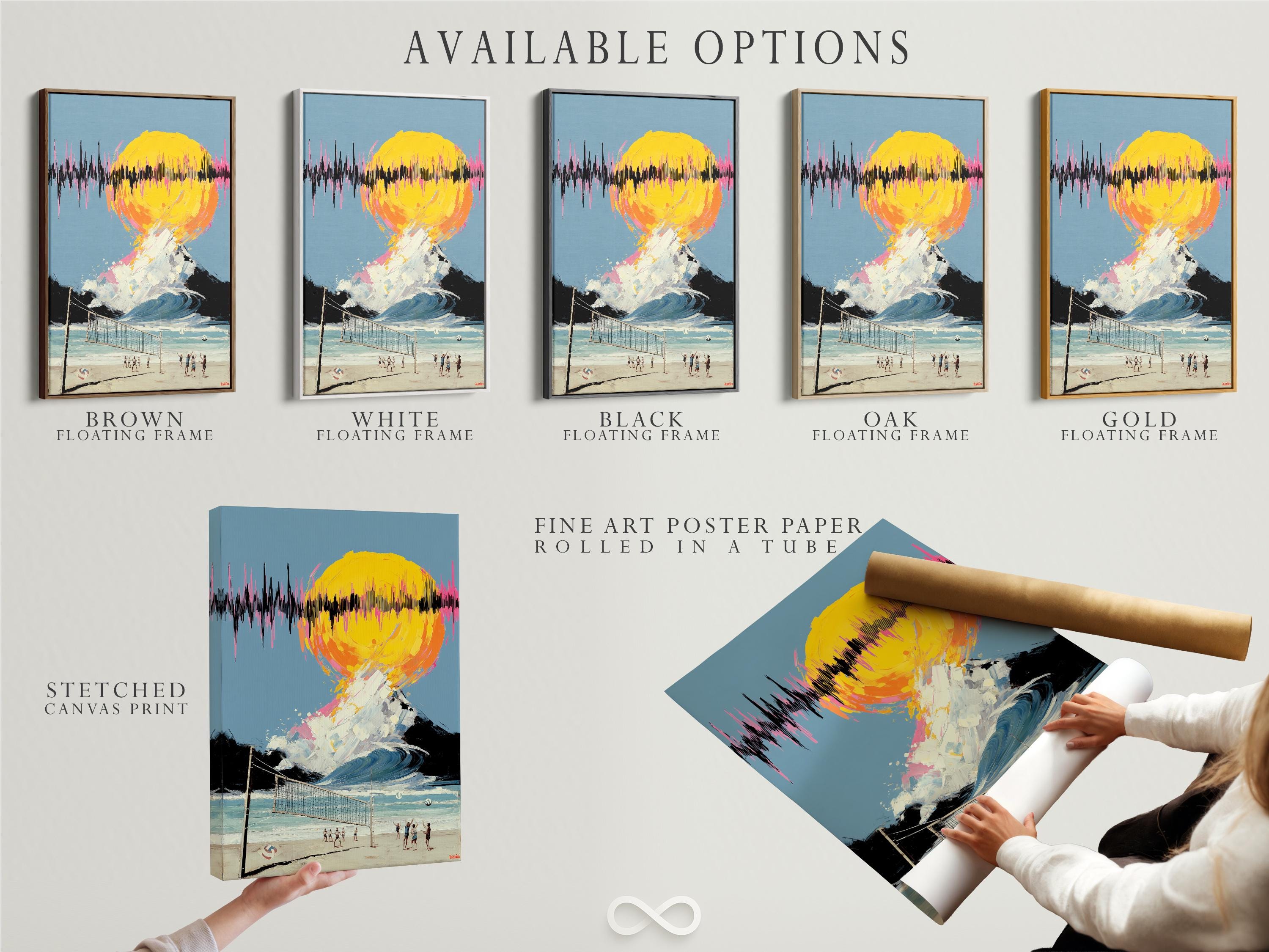 Mockup showing framed artwork featuring surreal beach volleyball and a neon sunset wave