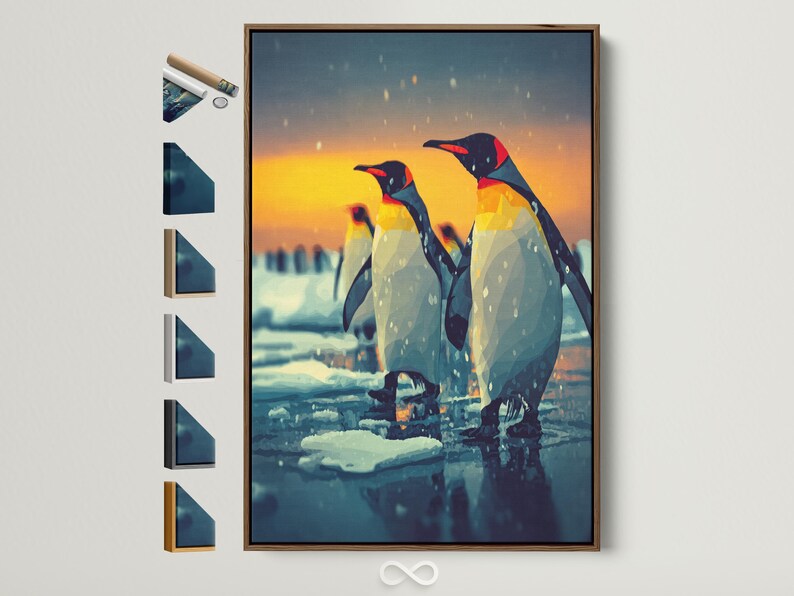 Two stylised penguins standing on an icy landscape under a sunset sky