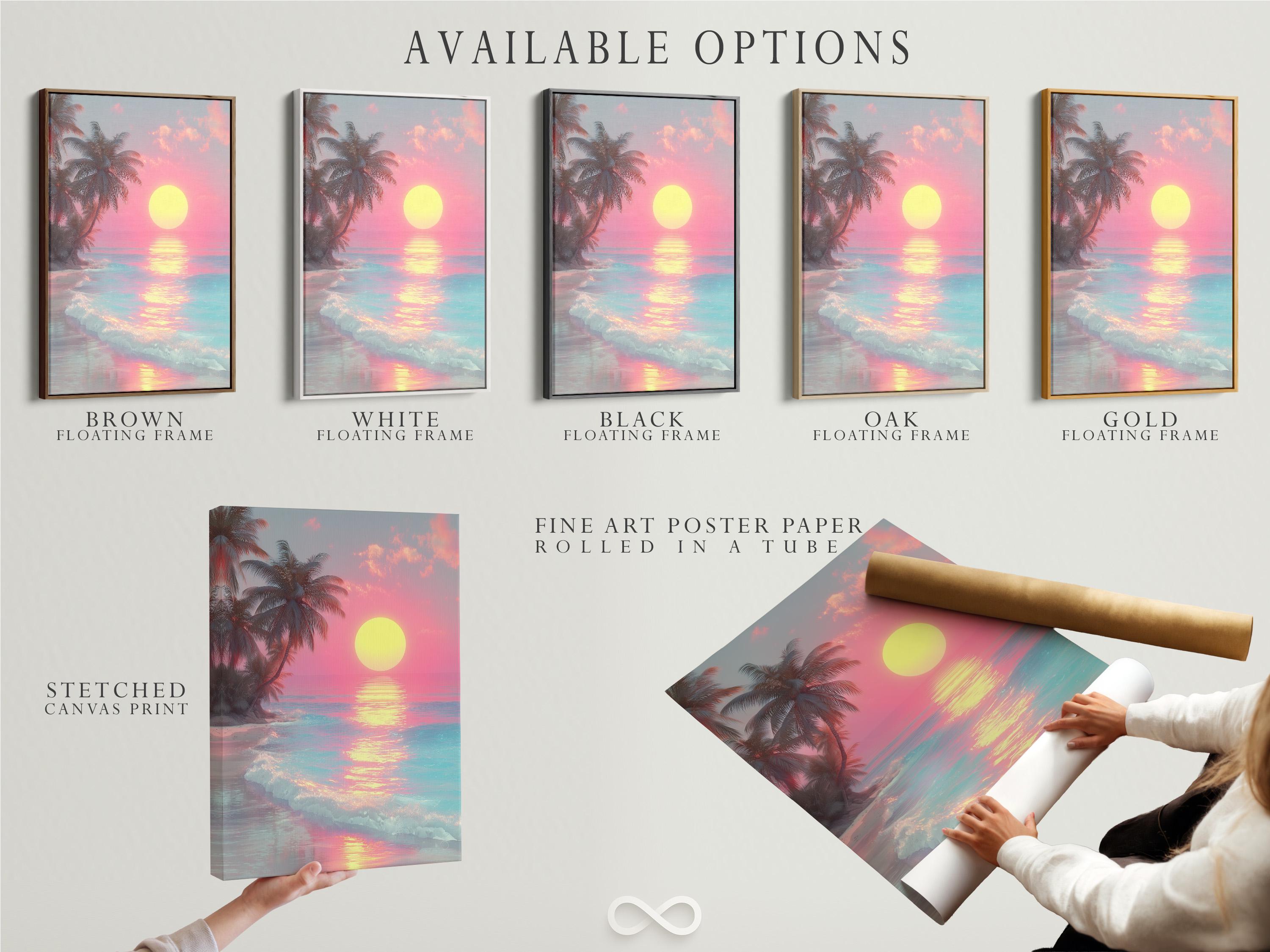 A framed tropical seascape shows a bright yellow sun over pink and turquoise water, with palm silhouettes and glowing reflections detail view