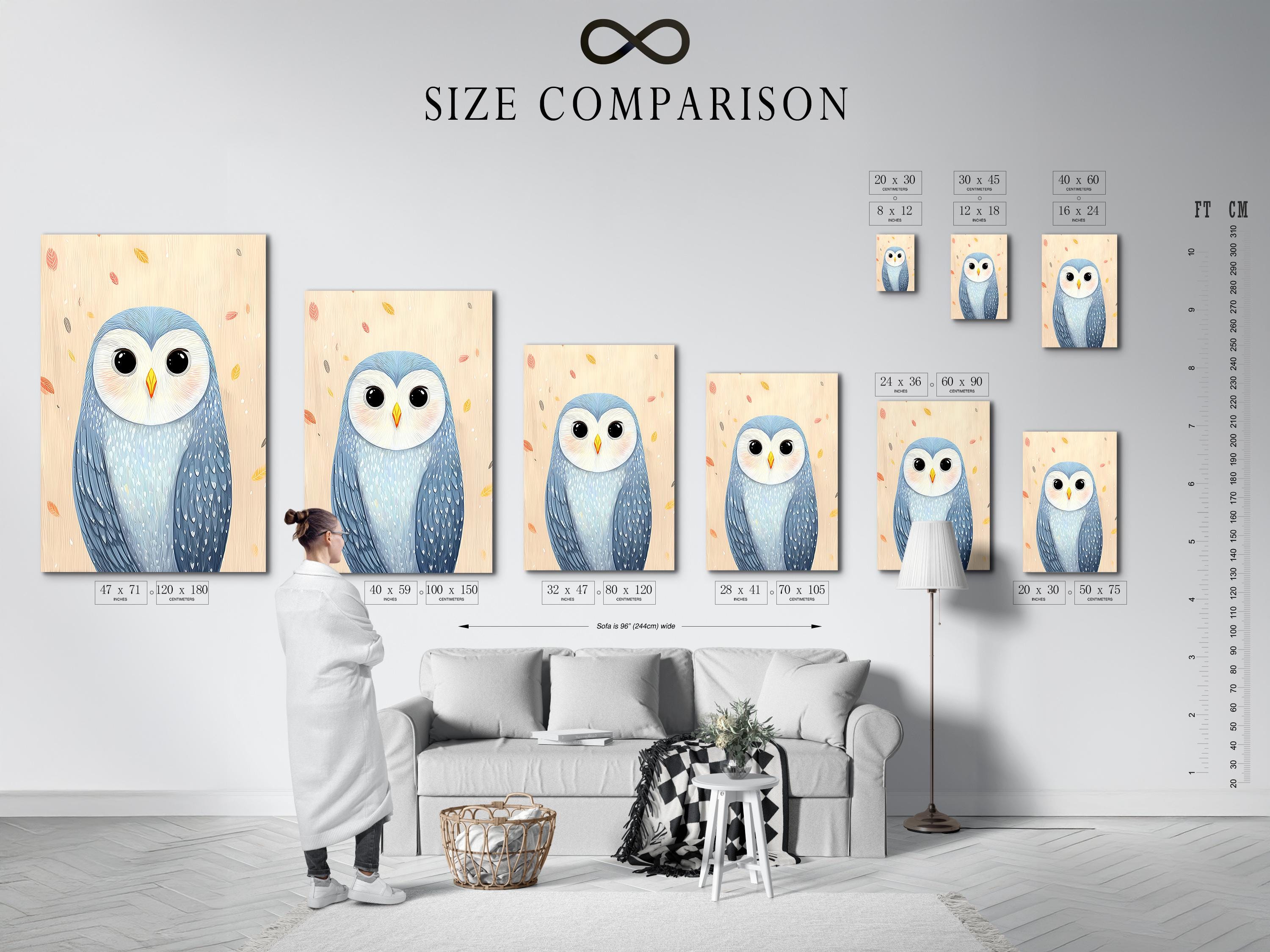 Illustrated owl portrait with big dark eyes, soft blue feathers and scattered pastel leaves on cream background detail view