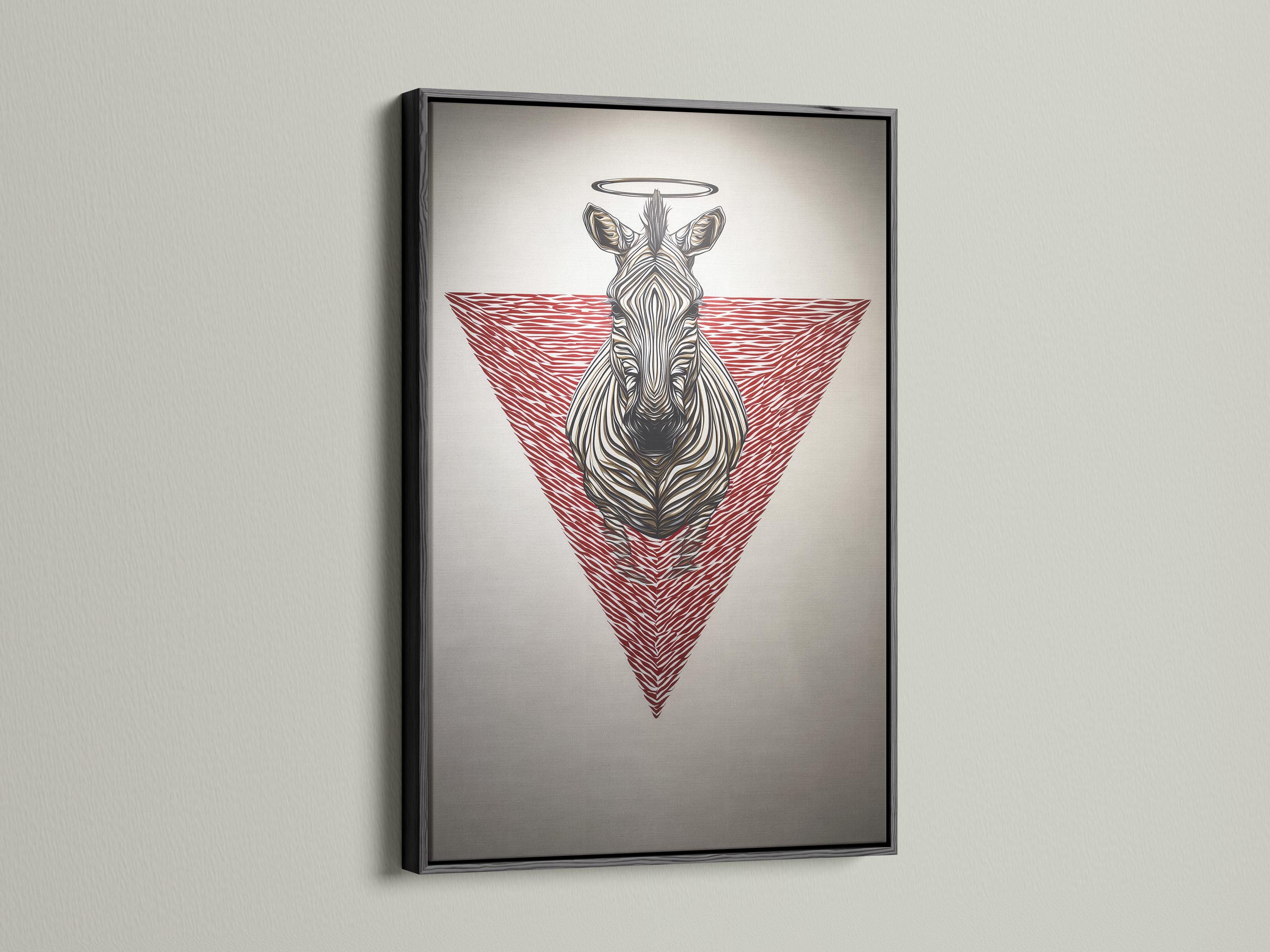 Wall mockup showing a framed zebra artwork with a red striped triangle and halo ring