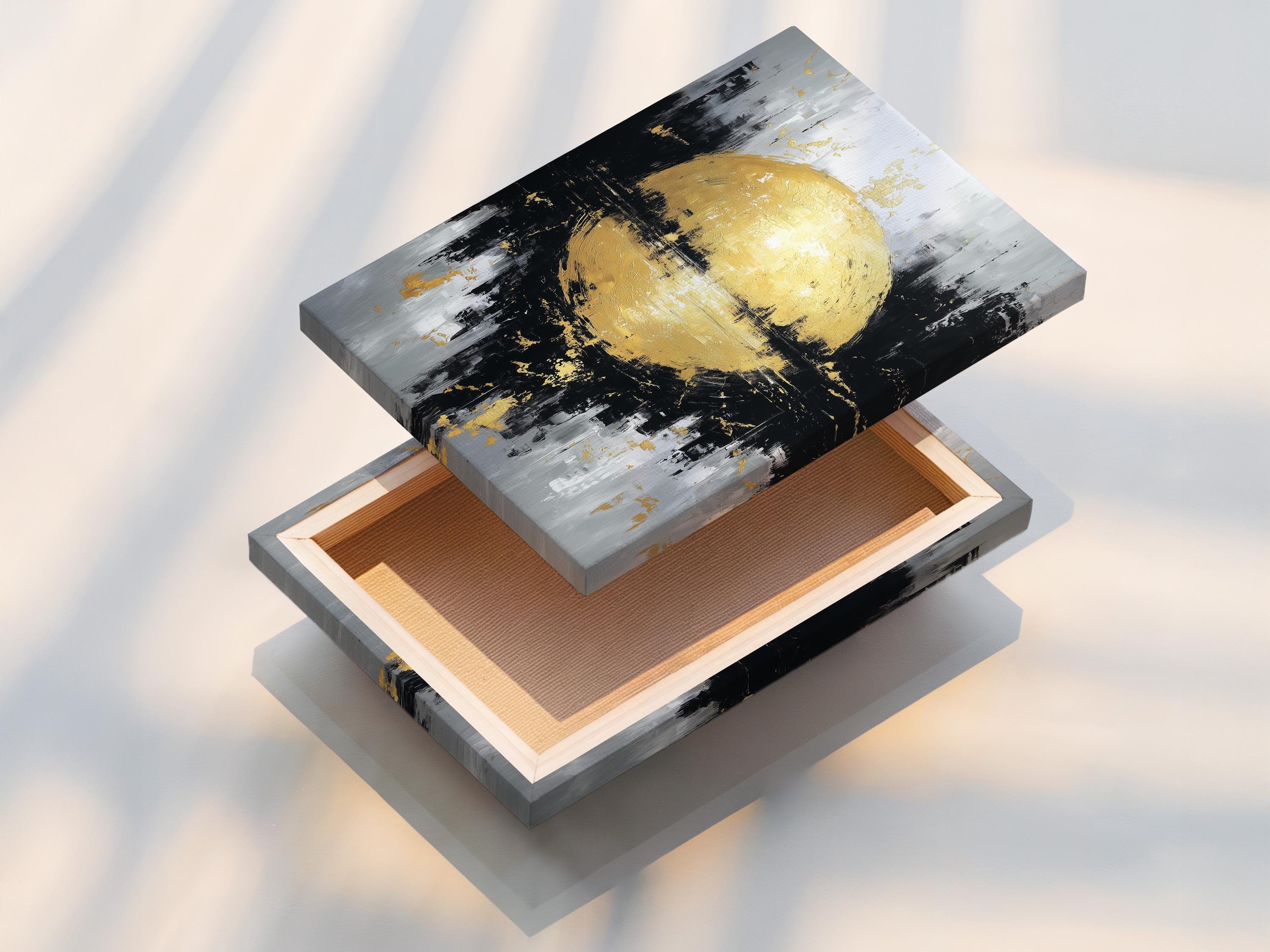 Gold sphere abstract wall art displayed in a framed mockup with surrounding layout options