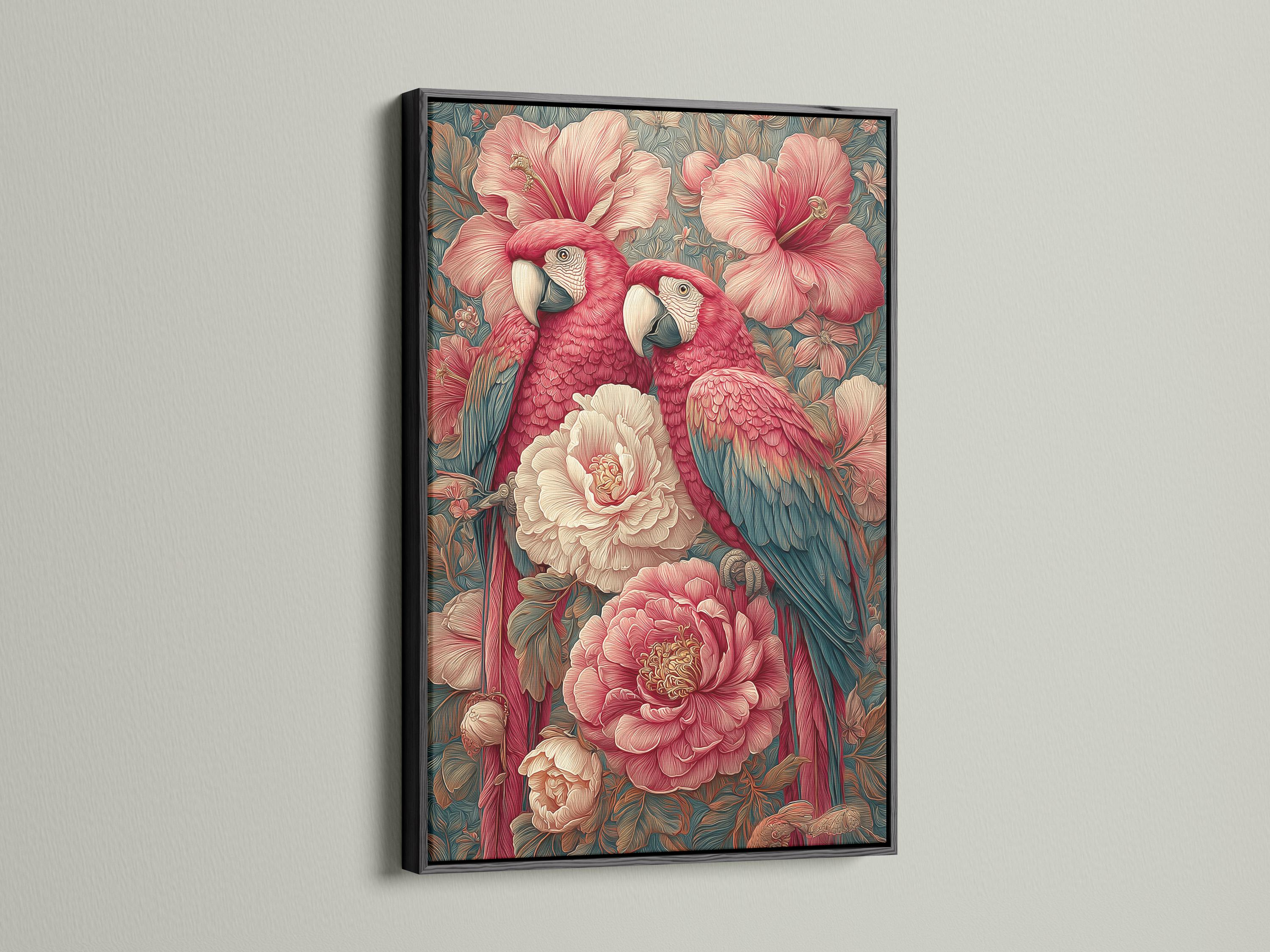 Two red parrots with pale beaks perched among pink and cream flowers and teal foliage detail view