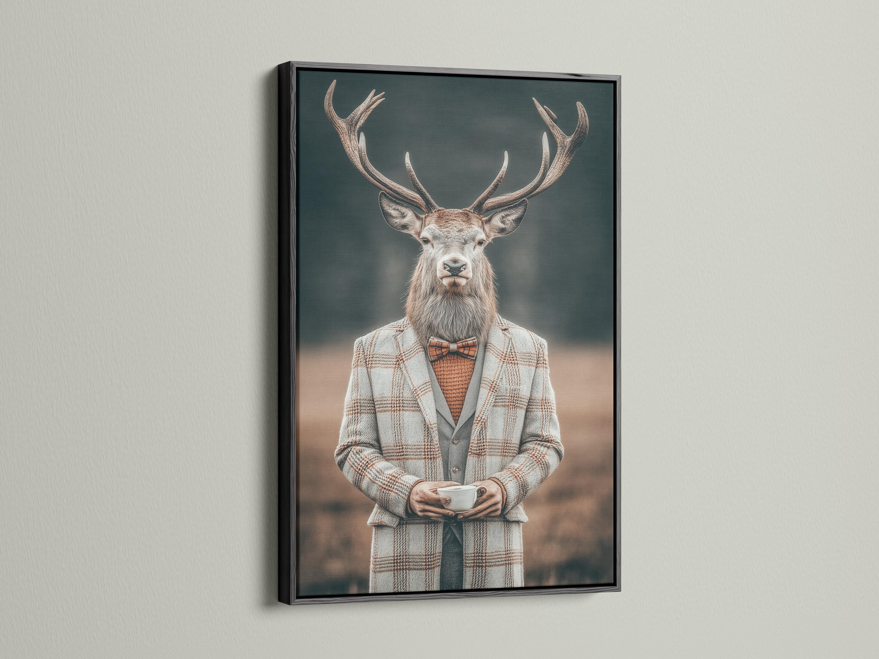 Gentleman deer portrait with antlers wearing a grey plaid suit, bow tie and holding a cup detail view