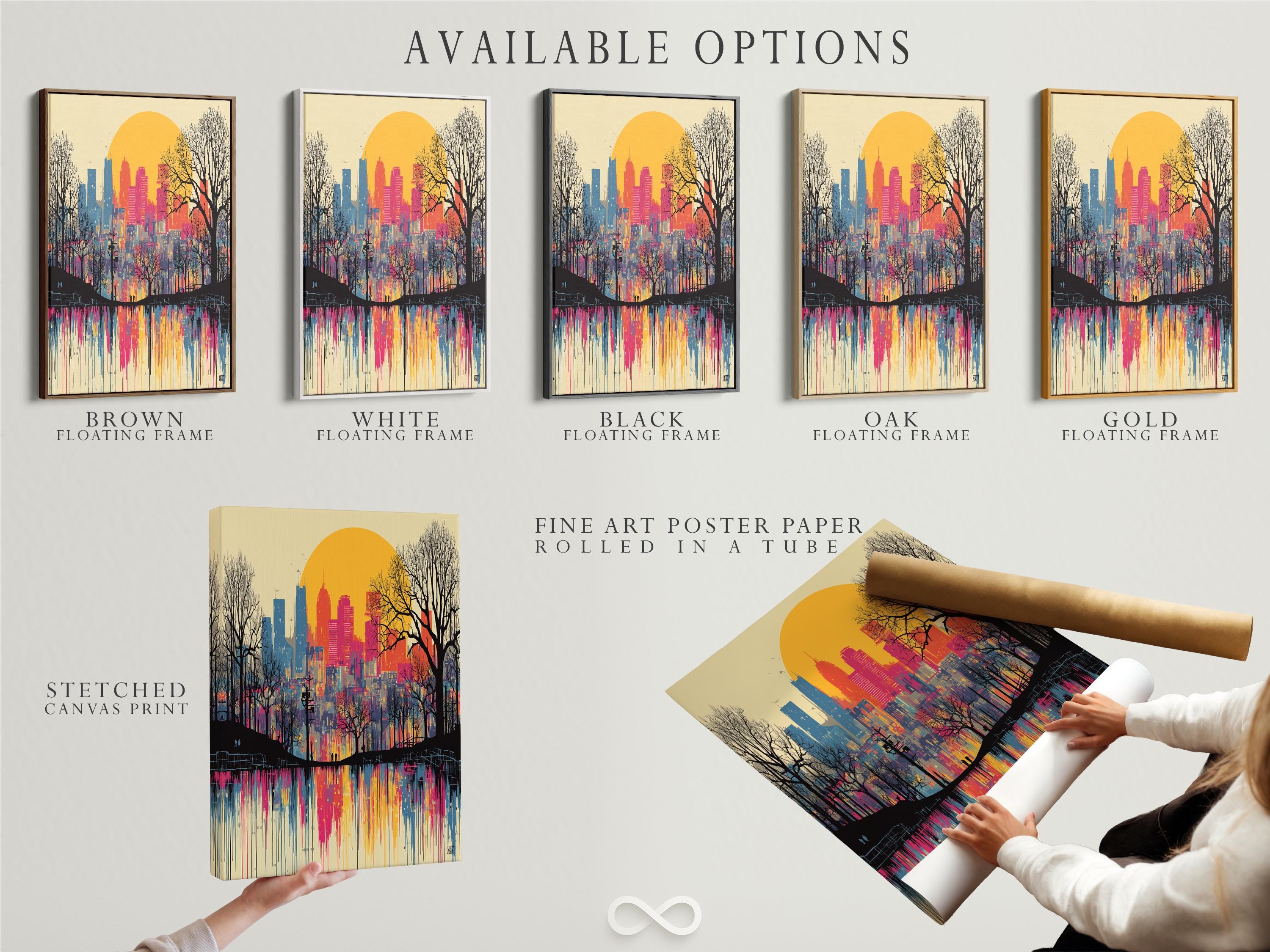 Sunset city skyline artwork in pink and blue with leafless trees and reflective water detail view