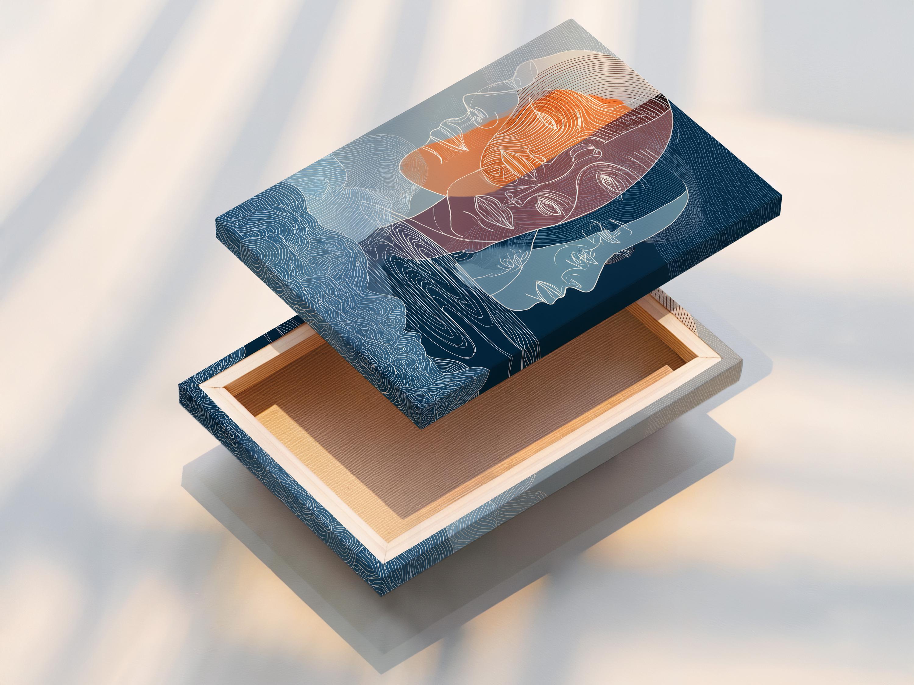 A pair of abstract line-illustrated faces fills the centre, layered in indigo, teal and warm terracotta/orange with flowing contour lines detail view
