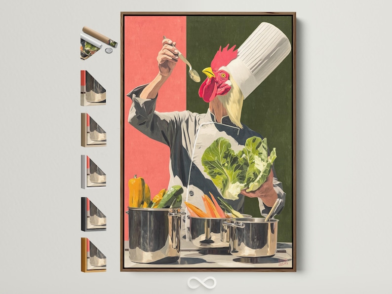 Stylised chef cooking scene with a bright red rooster perched above pots and vegetables