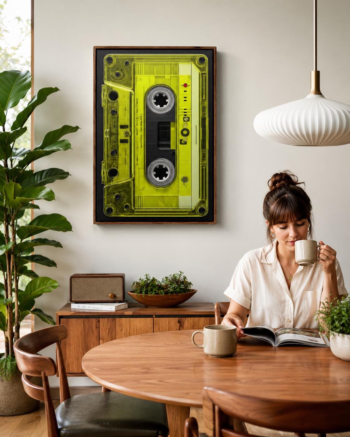 Neon lime cassette tape graphic framed in black with spool circles and a red dot detail detail view