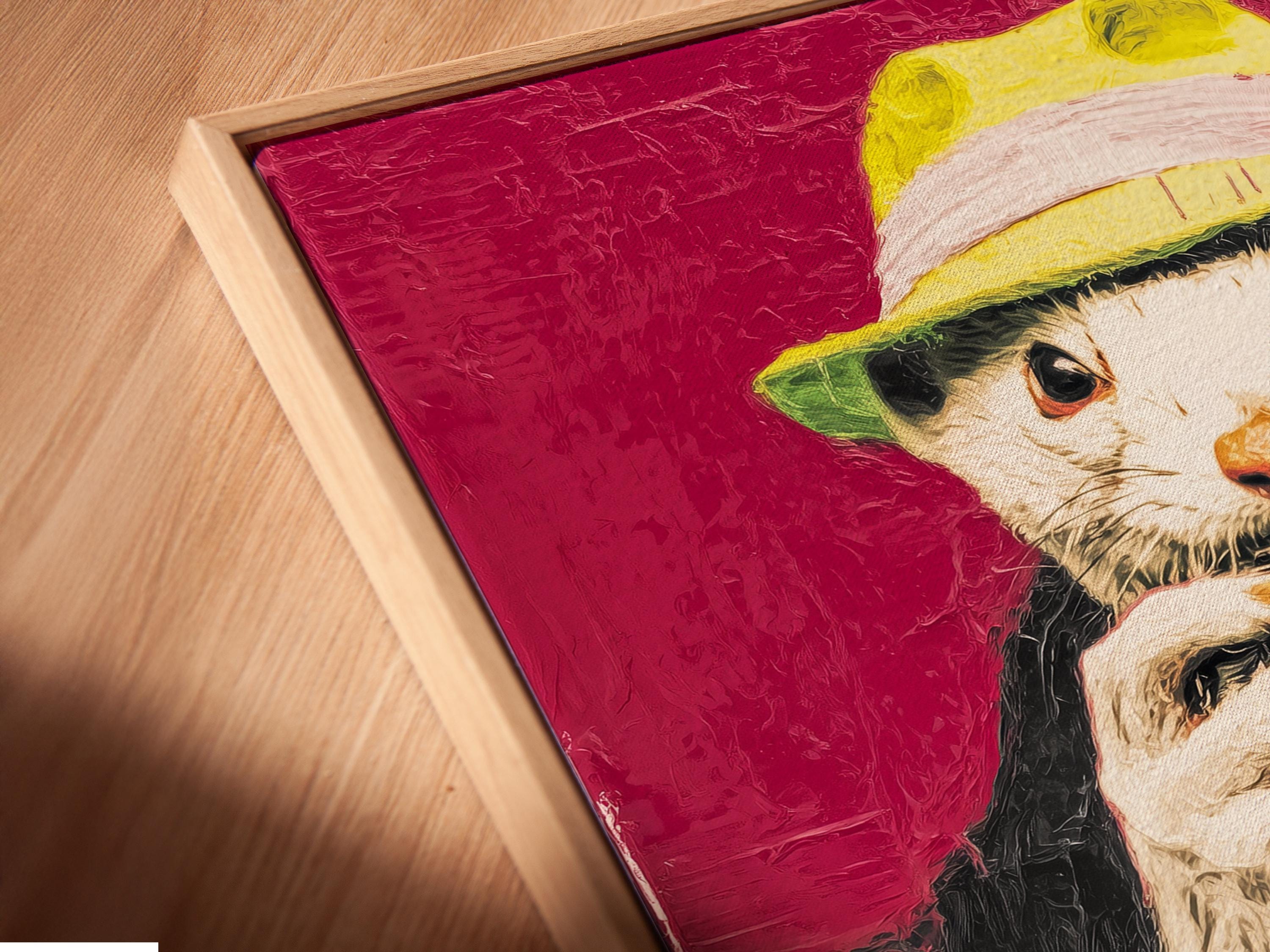 Pop-art portrait of a dog-like animal photographer holding a vintage camera, with bright magenta and green background detail view