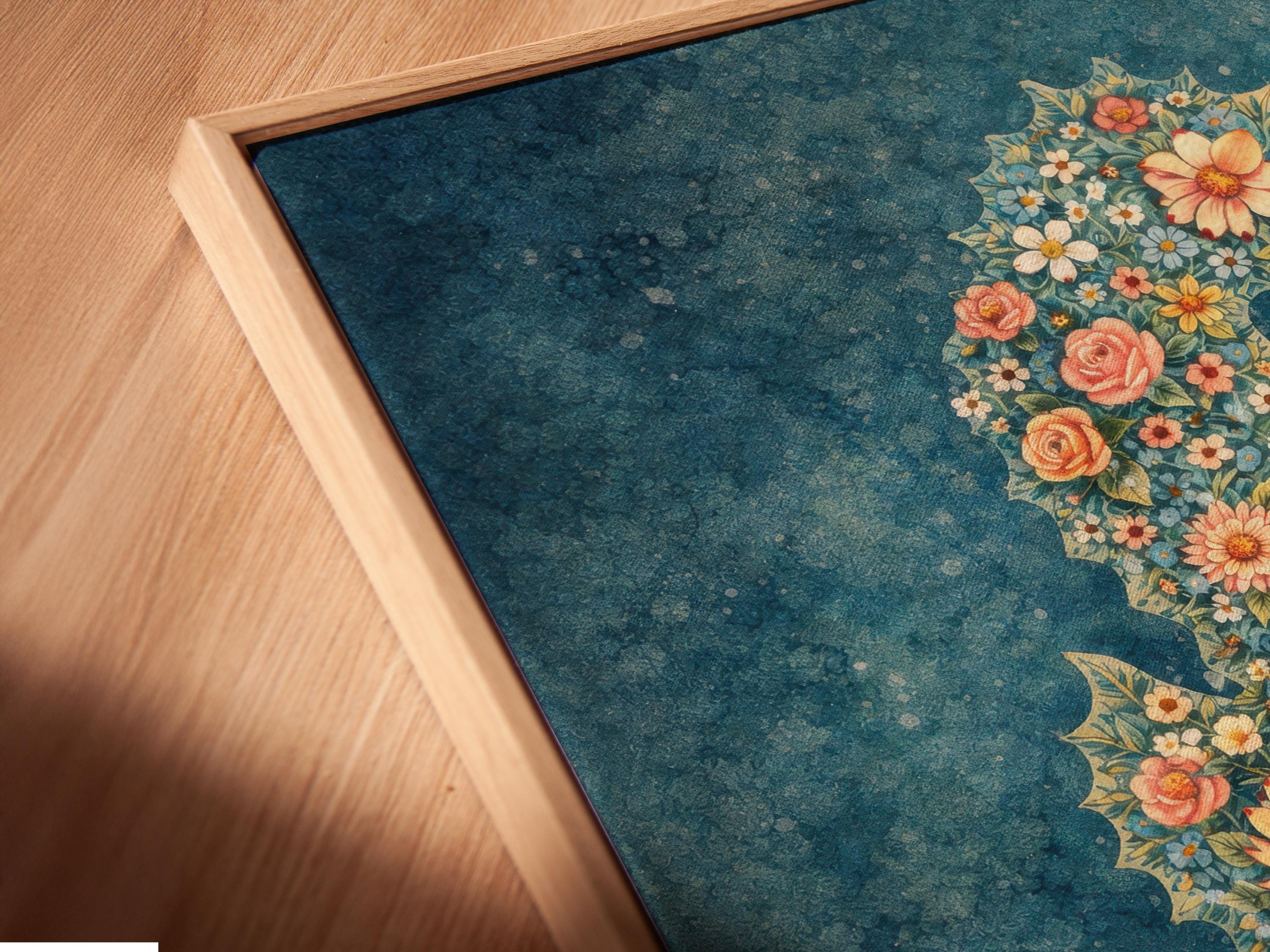 Room mockup showing a framed floral seahorse artwork above a sofa