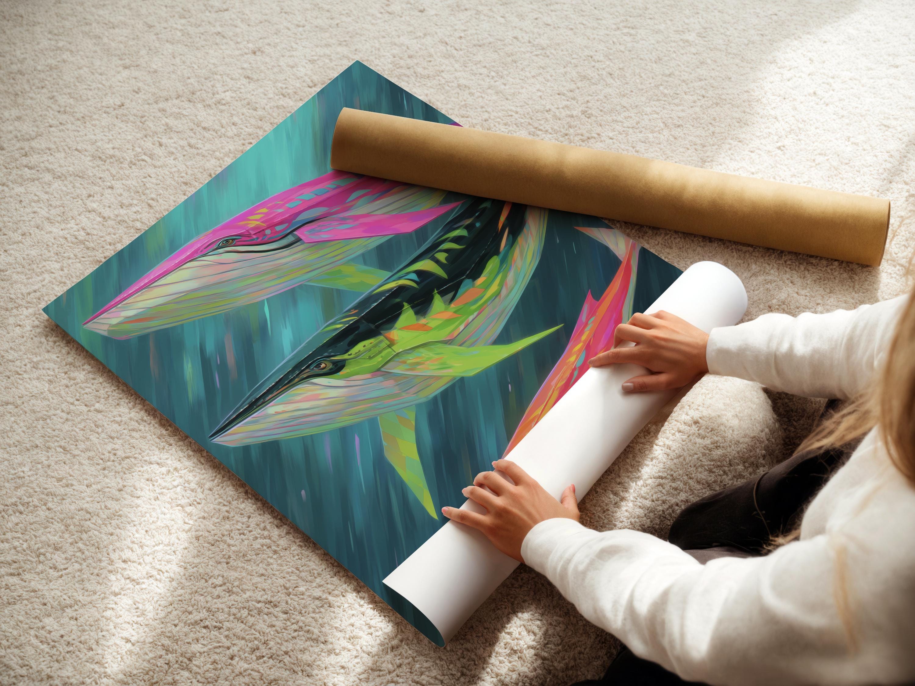 Artwork mockup showing a framed whale ocean illustration on a light background with colour variants
